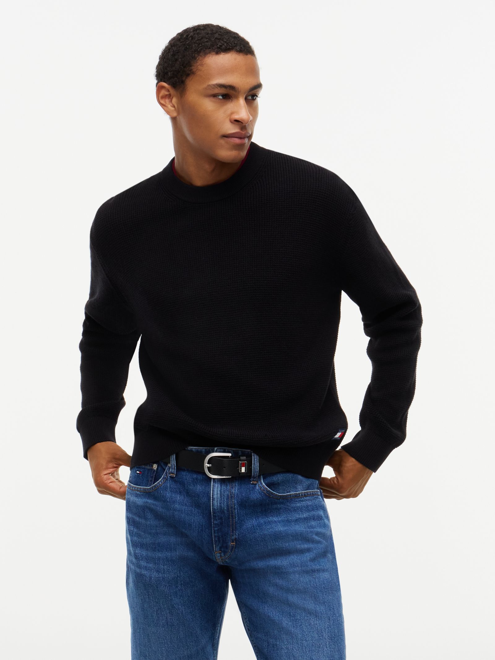 Tommy Jeans Wafelgebreide trui met logo en ronde hals in zwart