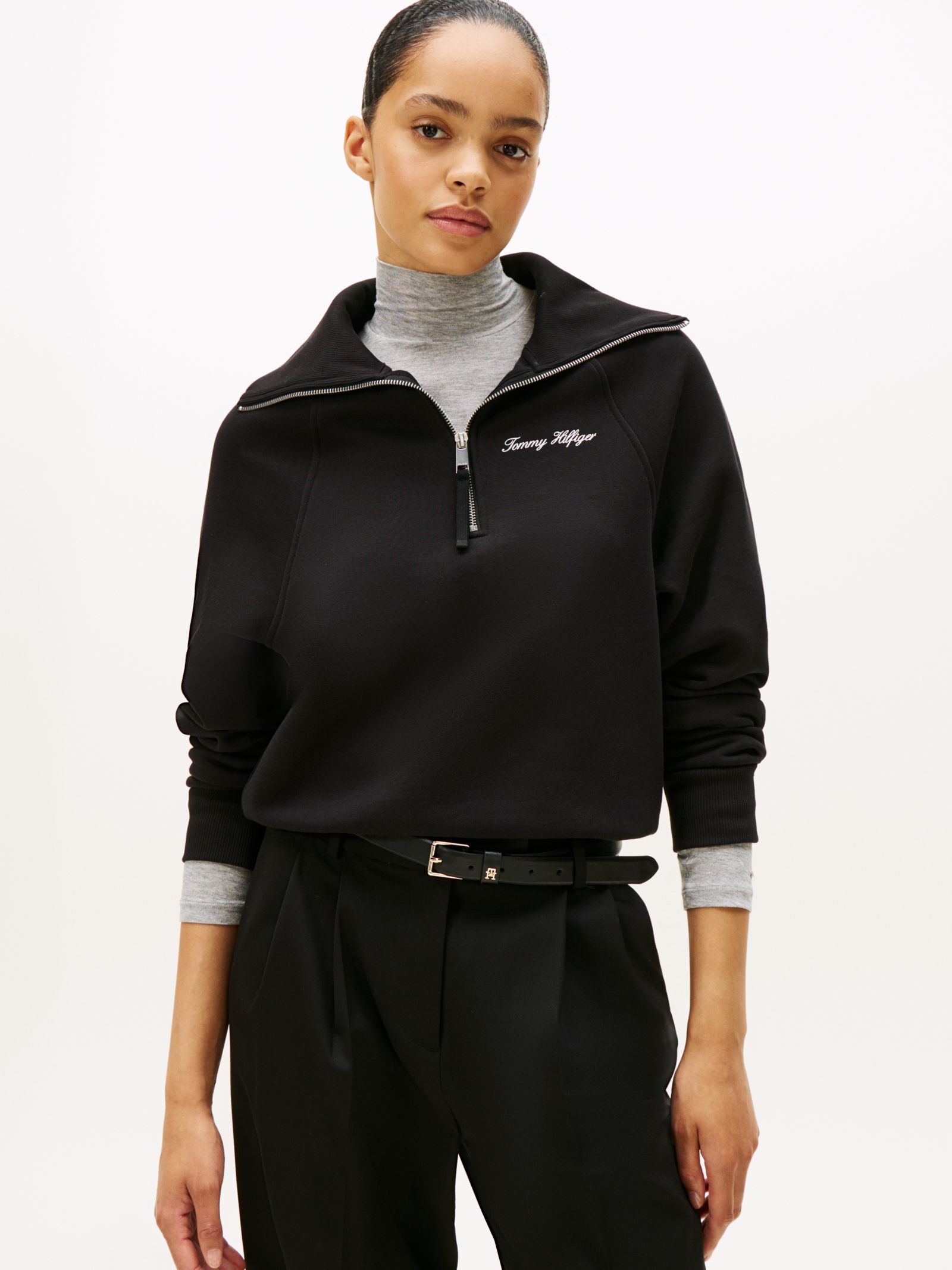 Tommy Hilfiger Interlock fleece sweatshirt met quarter zip in zwart