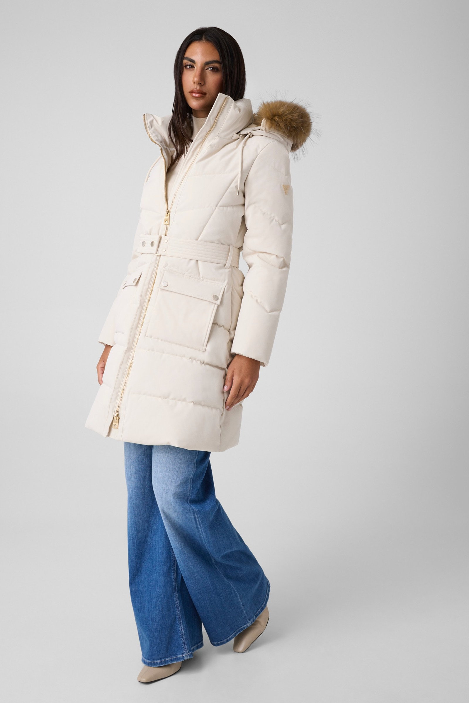 Guess Lange Gewatteerde Jas Met Ceintuur in beige
