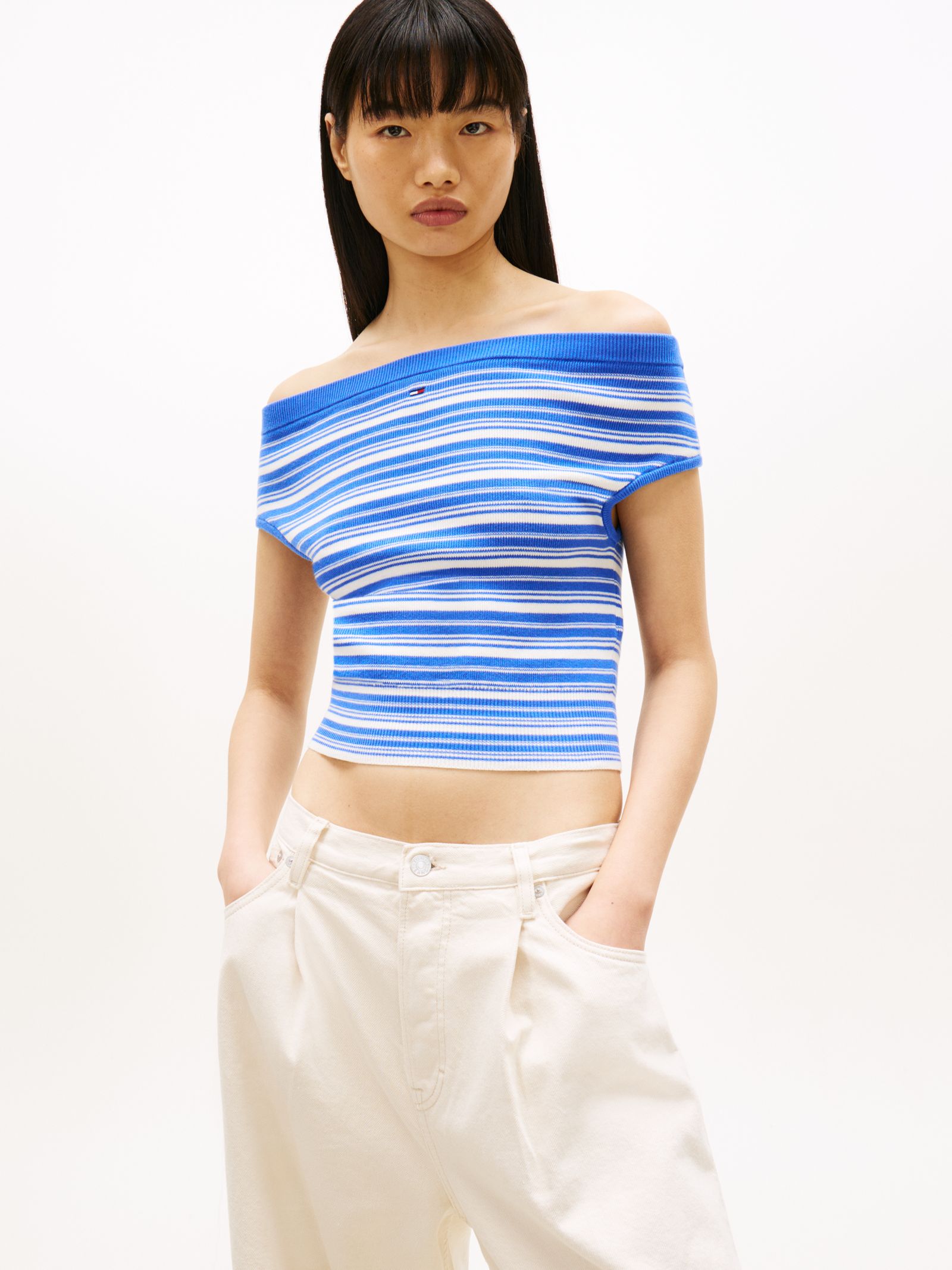 Tommy Jeans Slim fit off shouldertrui met strepen in blauw