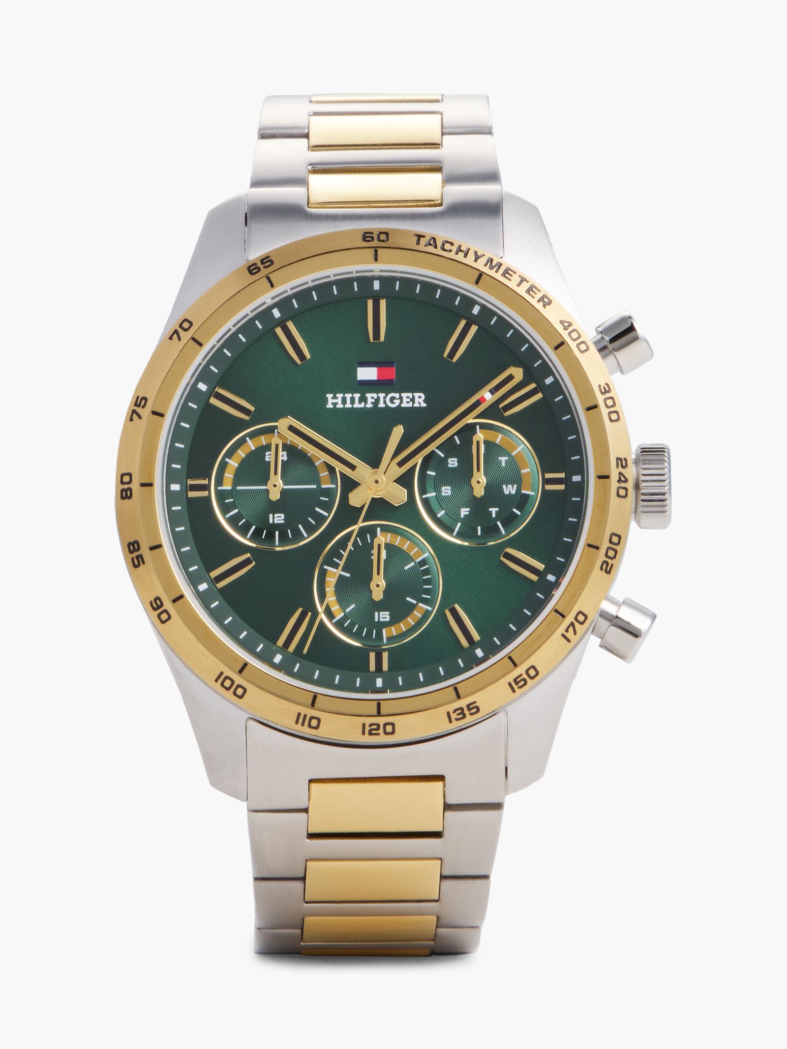 Tommy Hilfiger Tweekleurig chronograafhorloge met groene wijzerplaat en vergulde details
