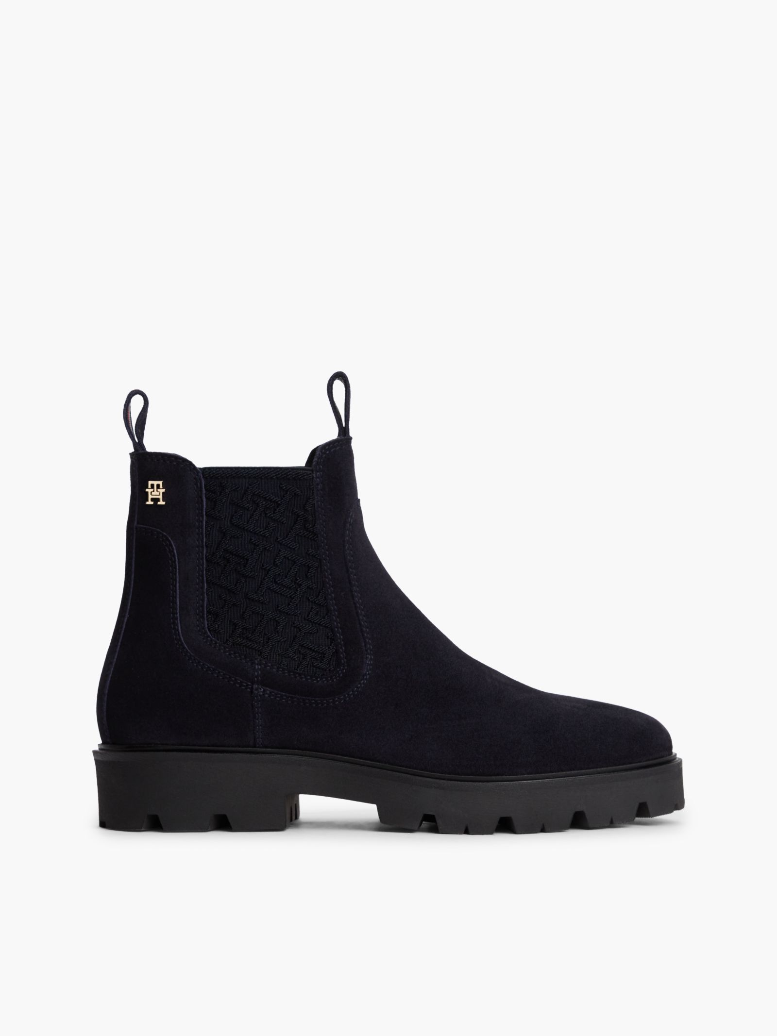 Tommy Hilfiger suède chelsea boot met TH monogrampanelen in marine