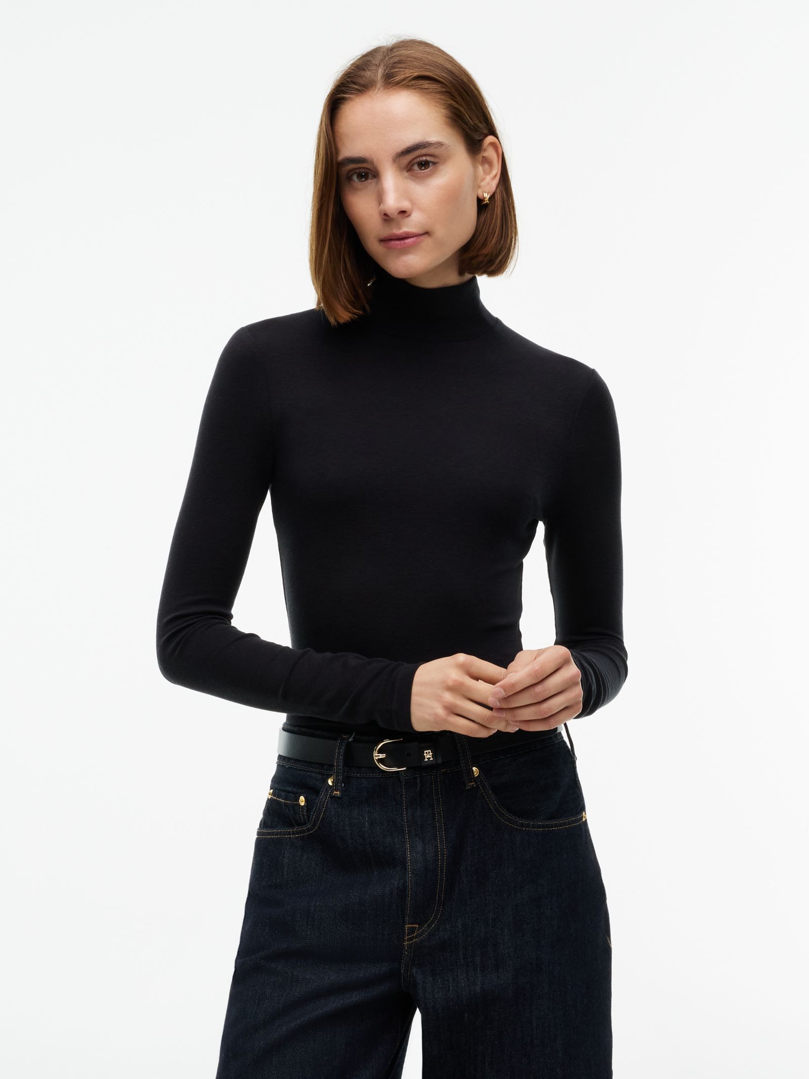 Tommy Hilfiger Slim fit top met opstaande hals en lange mouwen in zwart
