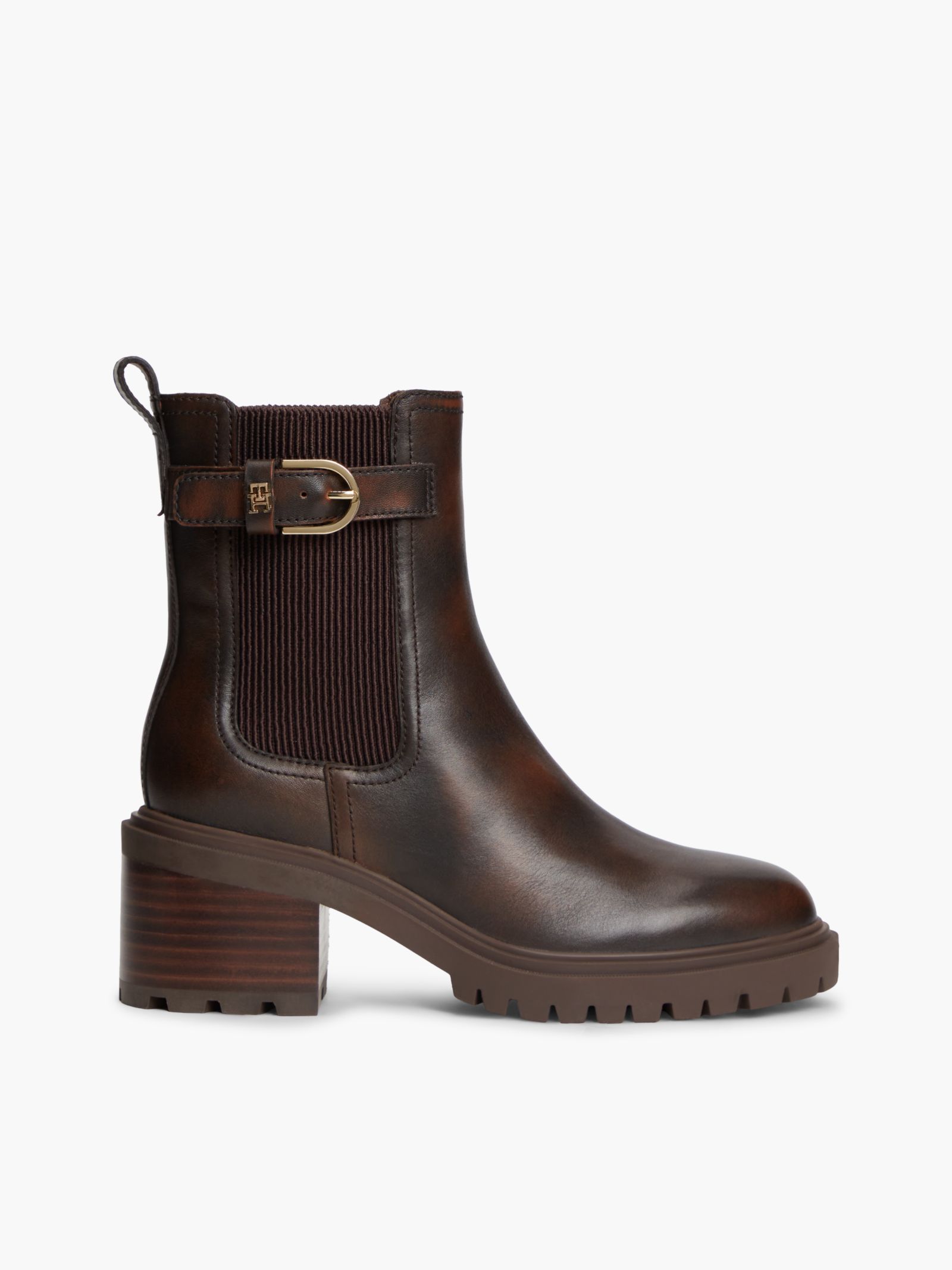Tommy Hilfiger Leren Chelsea Boot met Gesp en Blokhak in bruin
