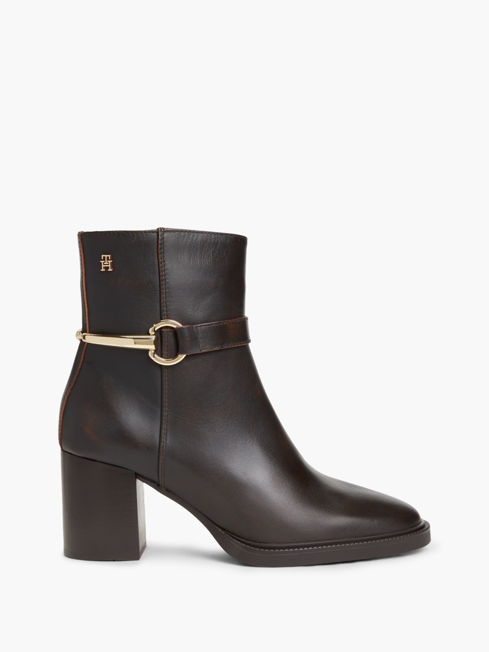 Tommy Hilfiger Leren enkellaars met blokhak in bruin