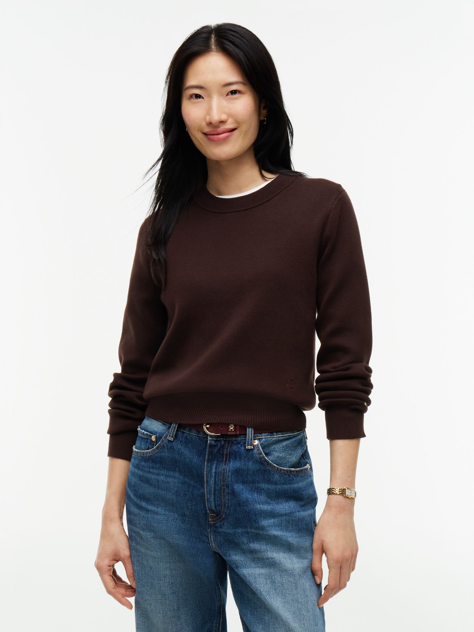 Tommy Hilfiger Premium gebreide trui met ronde hals in bruin