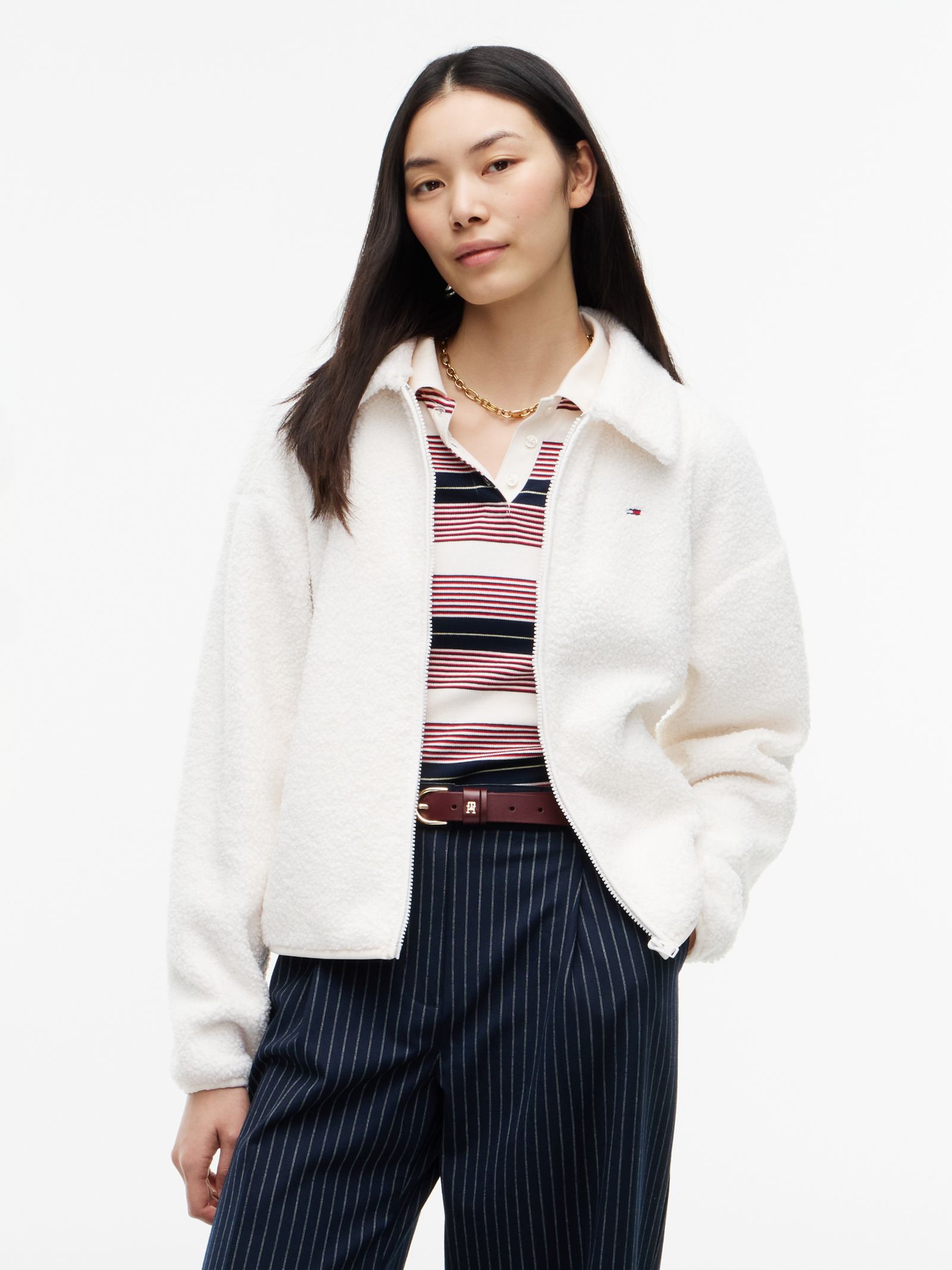 Tommy Jeans Boxy Sweatshirt van teddy fleece met rits in wit
