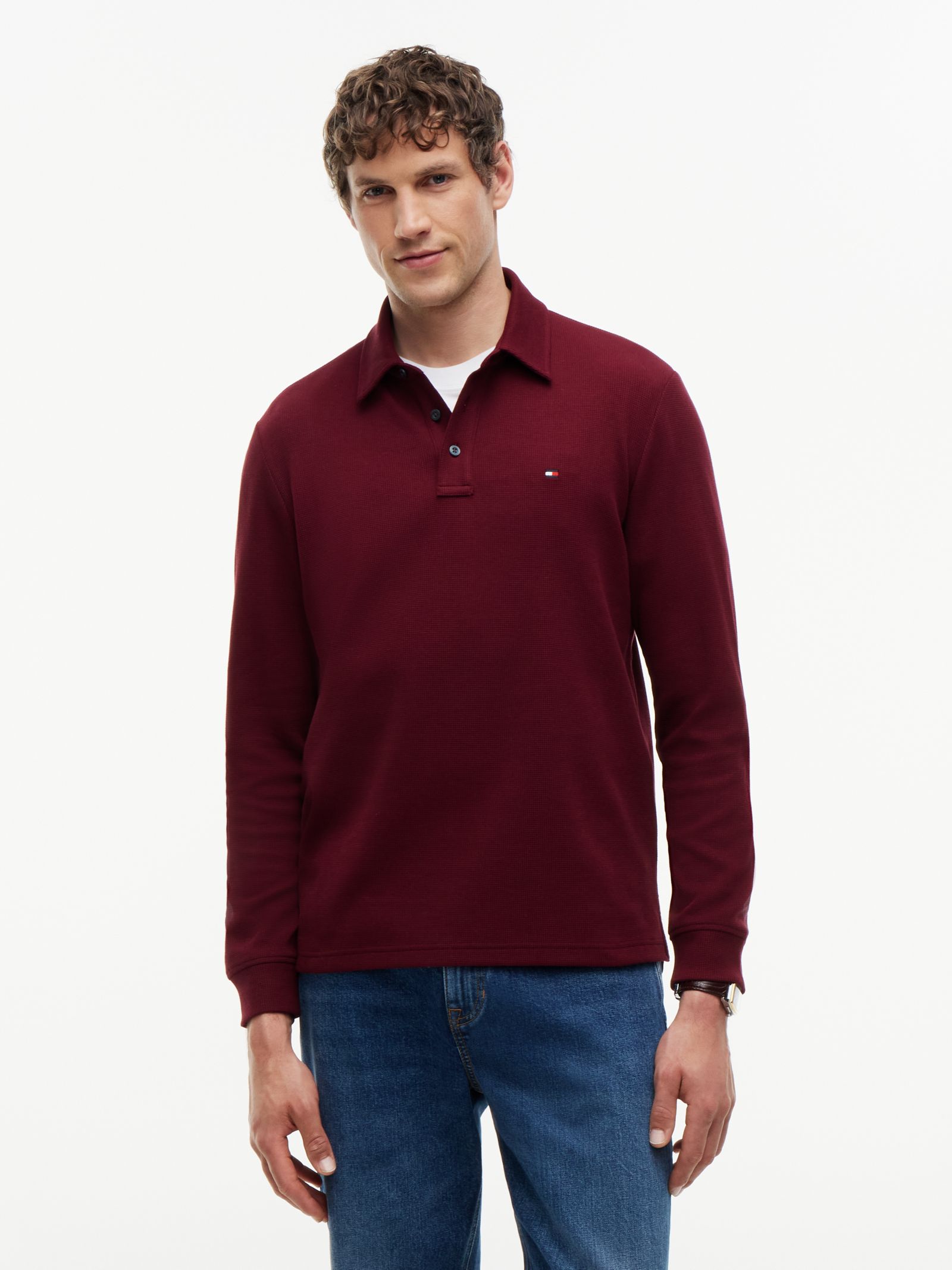 Tommy Hilfiger regular longsleeve polo met wafelsteek in rood