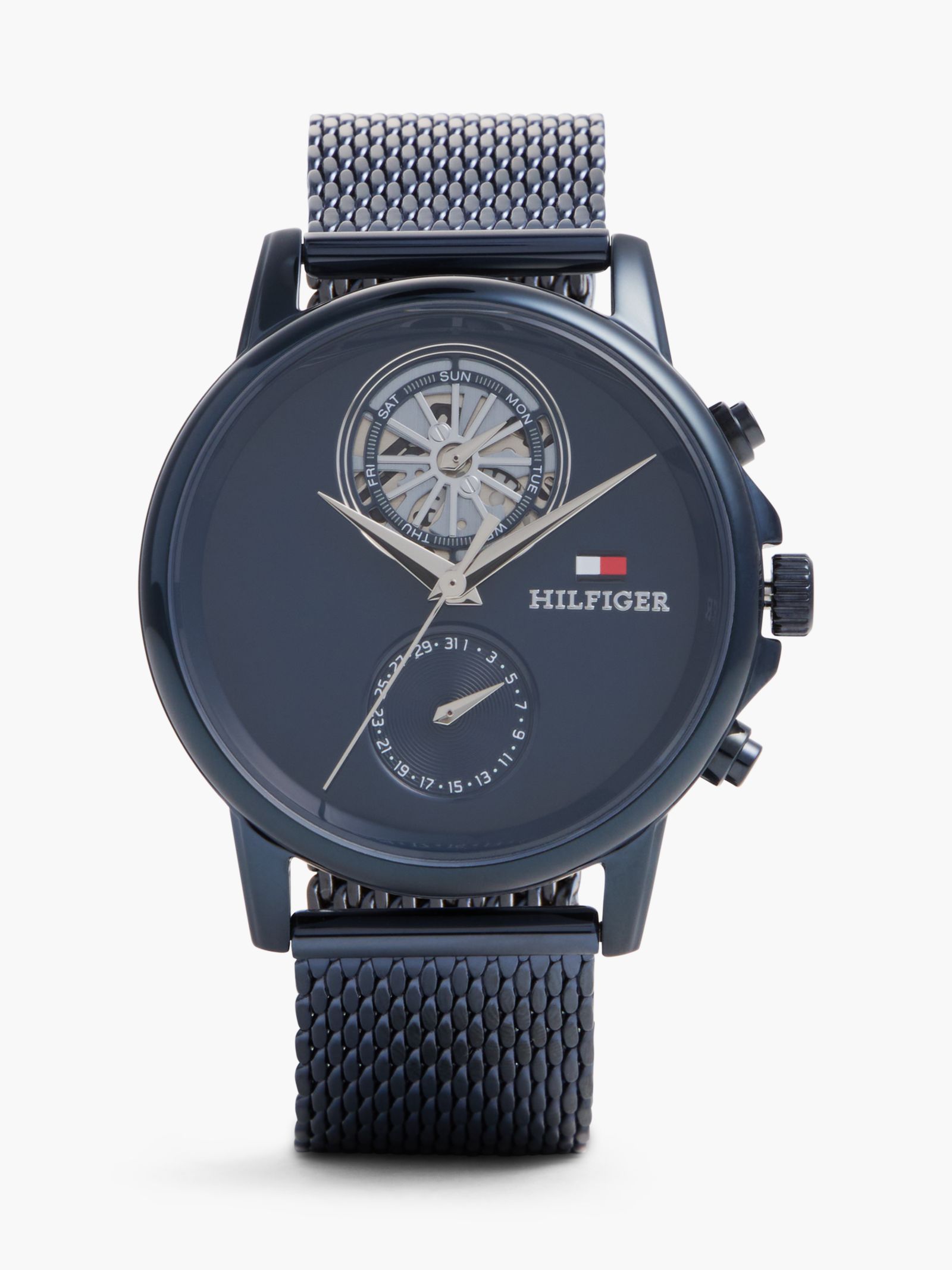 Tommy Hilfiger Blauw horloge met mesh band en skeletondetail