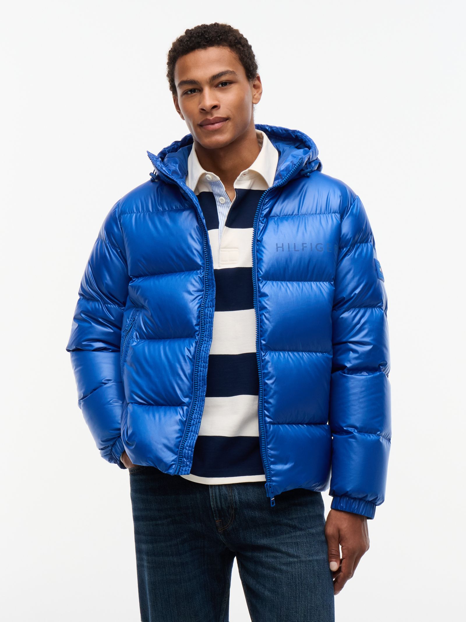 Tommy Hilfiger Glanzend pufferjack met dons en capuchon in blauw