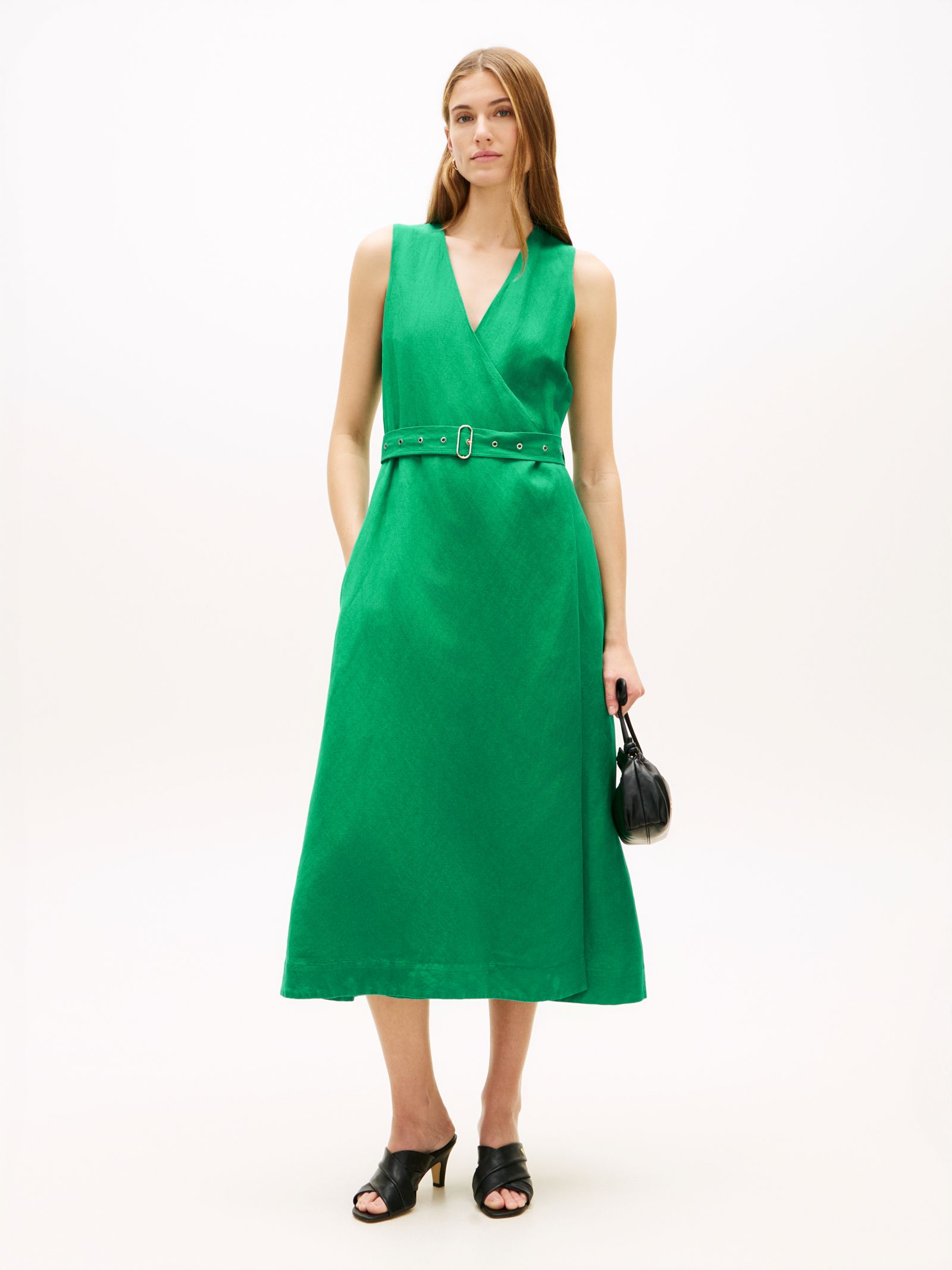 Tommy Hilfiger Linnenmix midi wikkeljurk met riem in groen