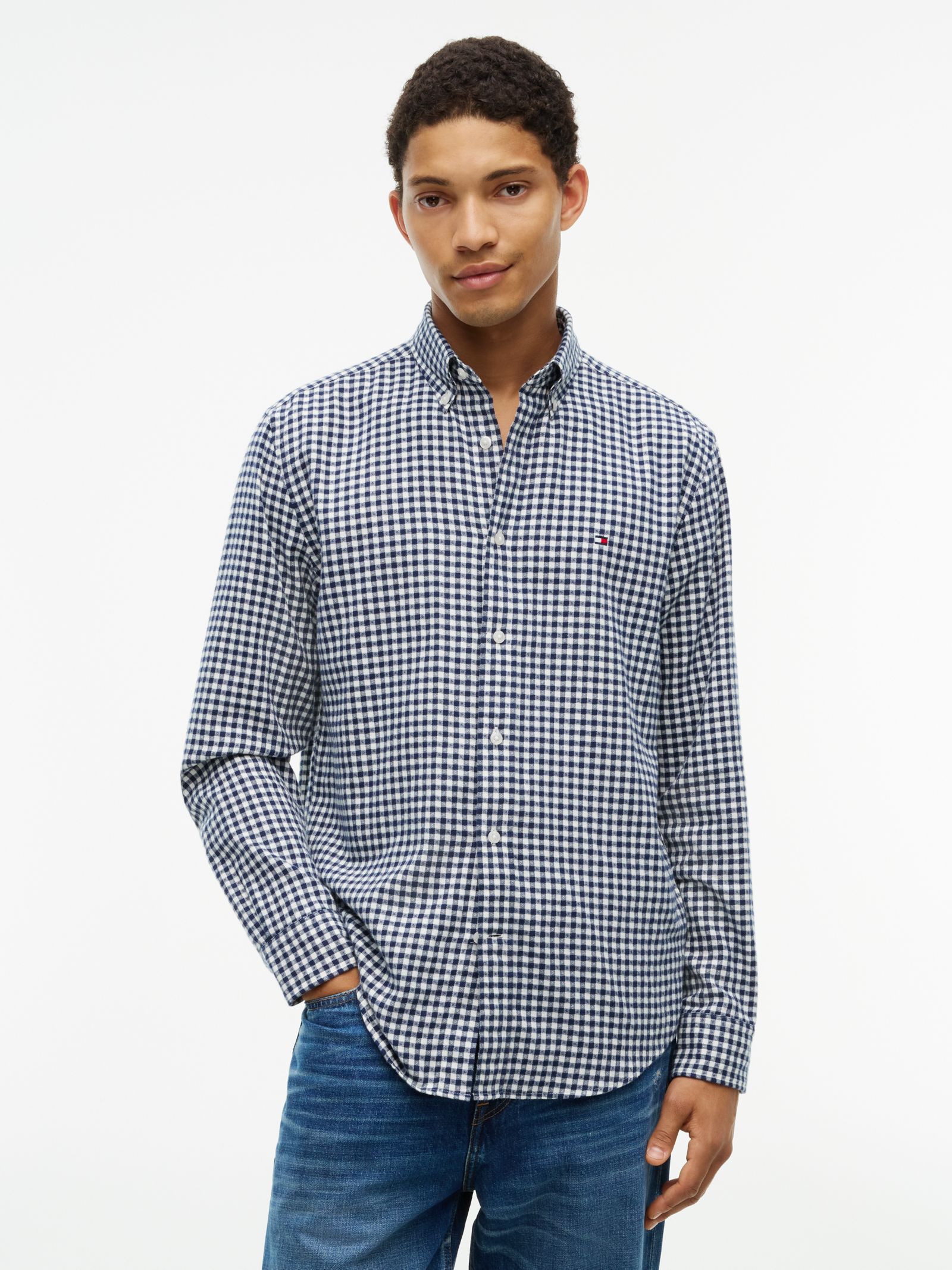 Tommy Hilfiger Regular fit overhemd van dobby flanel met ginghamruit in marine