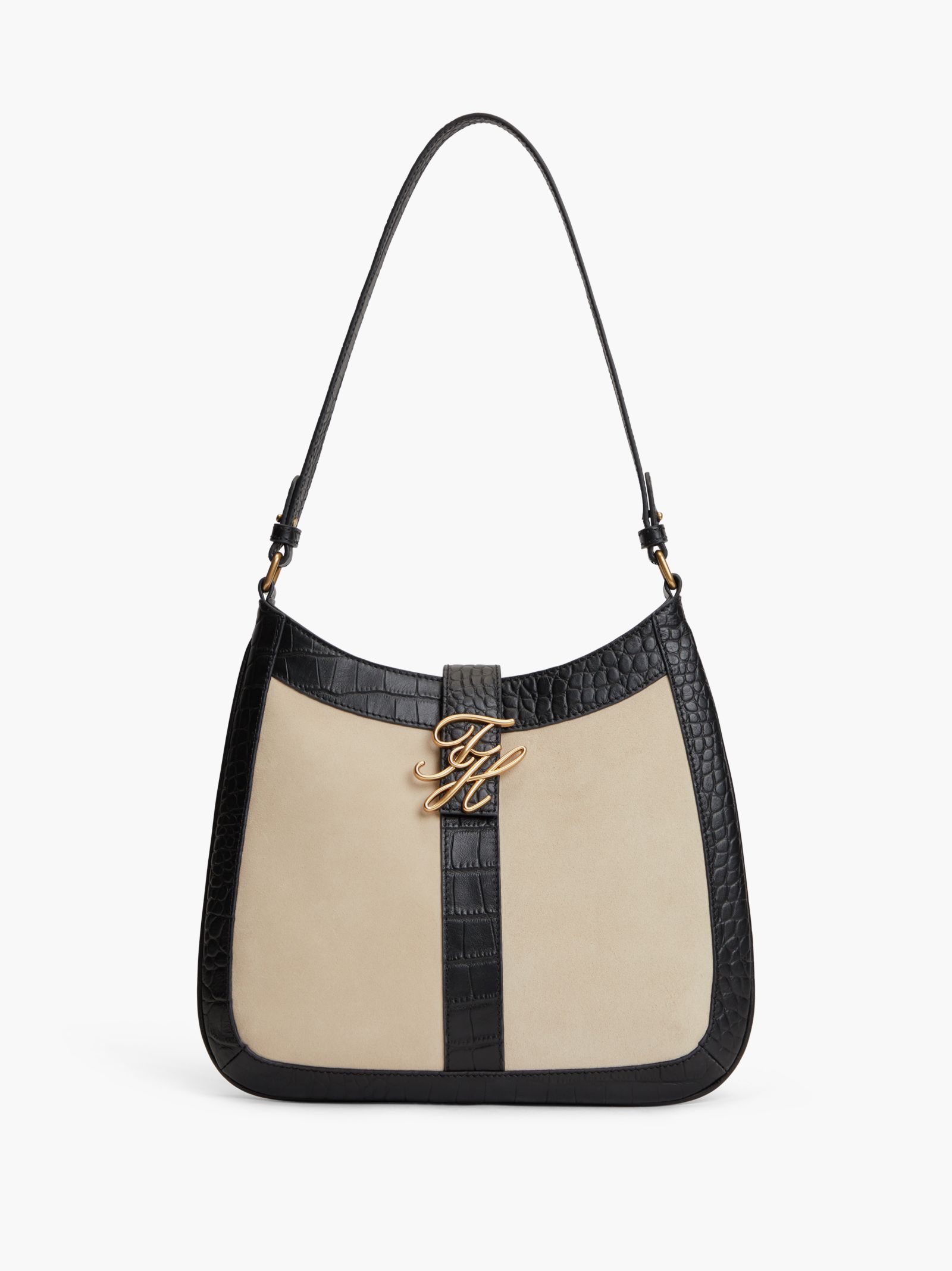 Tommy Hilfiger Suède schoudertas met metalen logo in beige