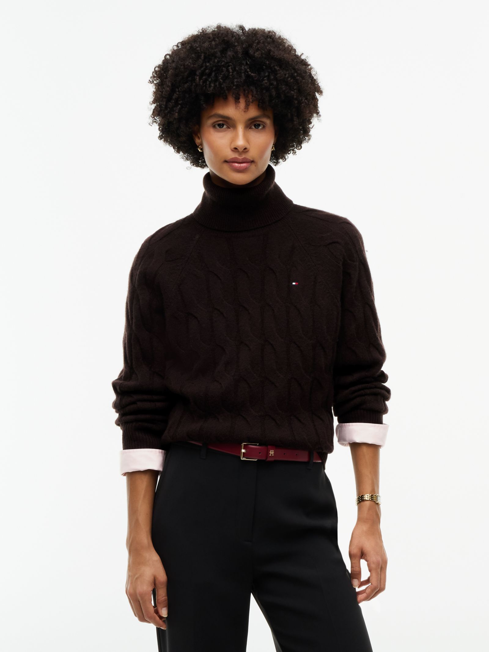 Tommy Hilfiger Kabelgebreide coltrui van zuivere wol in bruin