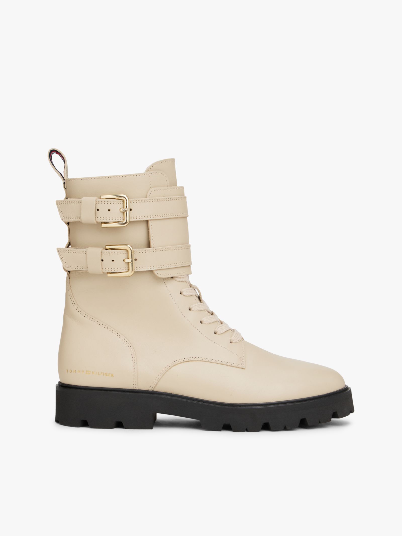 Tommy Hilfiger Leren bikerlaars met profielzool en logo in beige