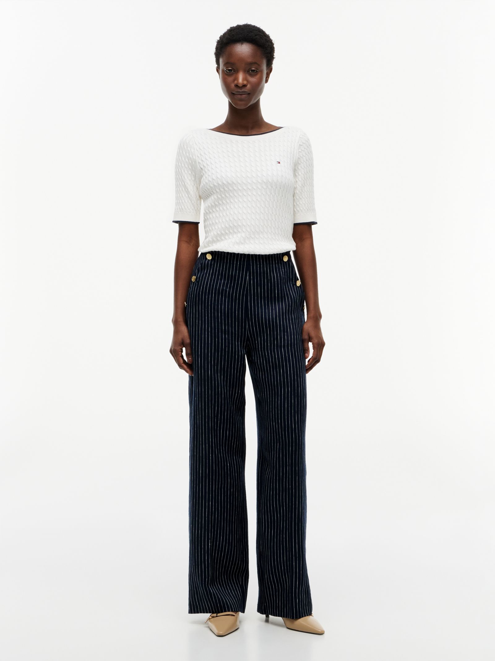 Tommy Hilfiger Krijtstreep broek met linnen wijde fit en goudkleurige knopen