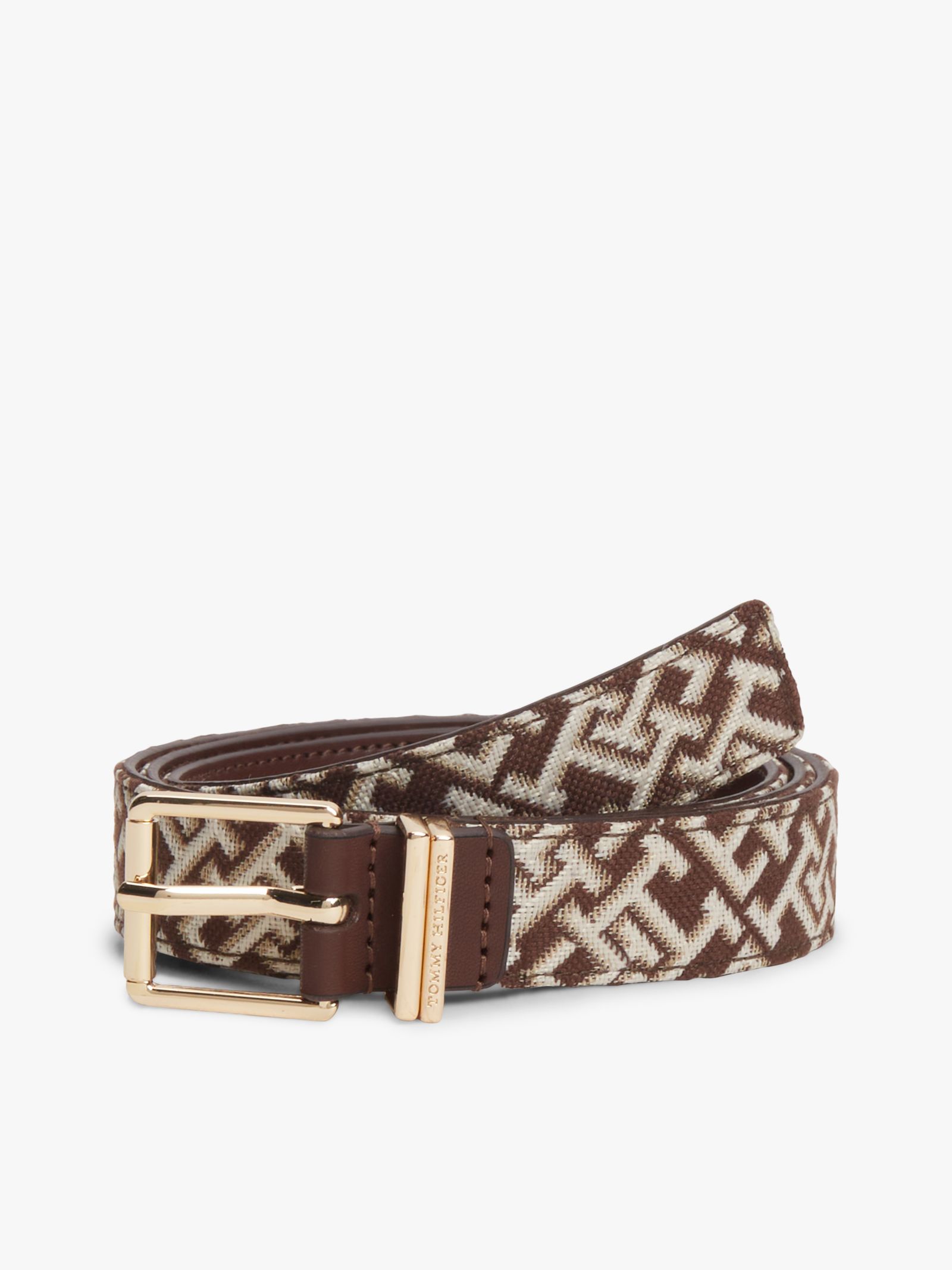 Tommy Hilfiger Jacquard riem met dubbele riemlus en vierkante gesp in bruin