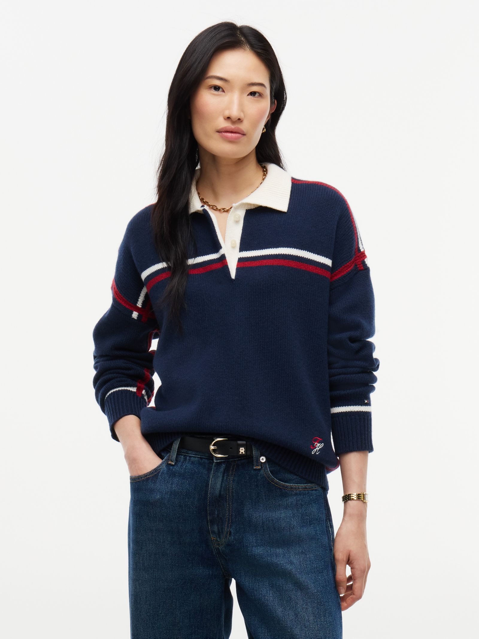 Tommy Hilfiger Polotrui van zuivere wol met boxy fit in marine