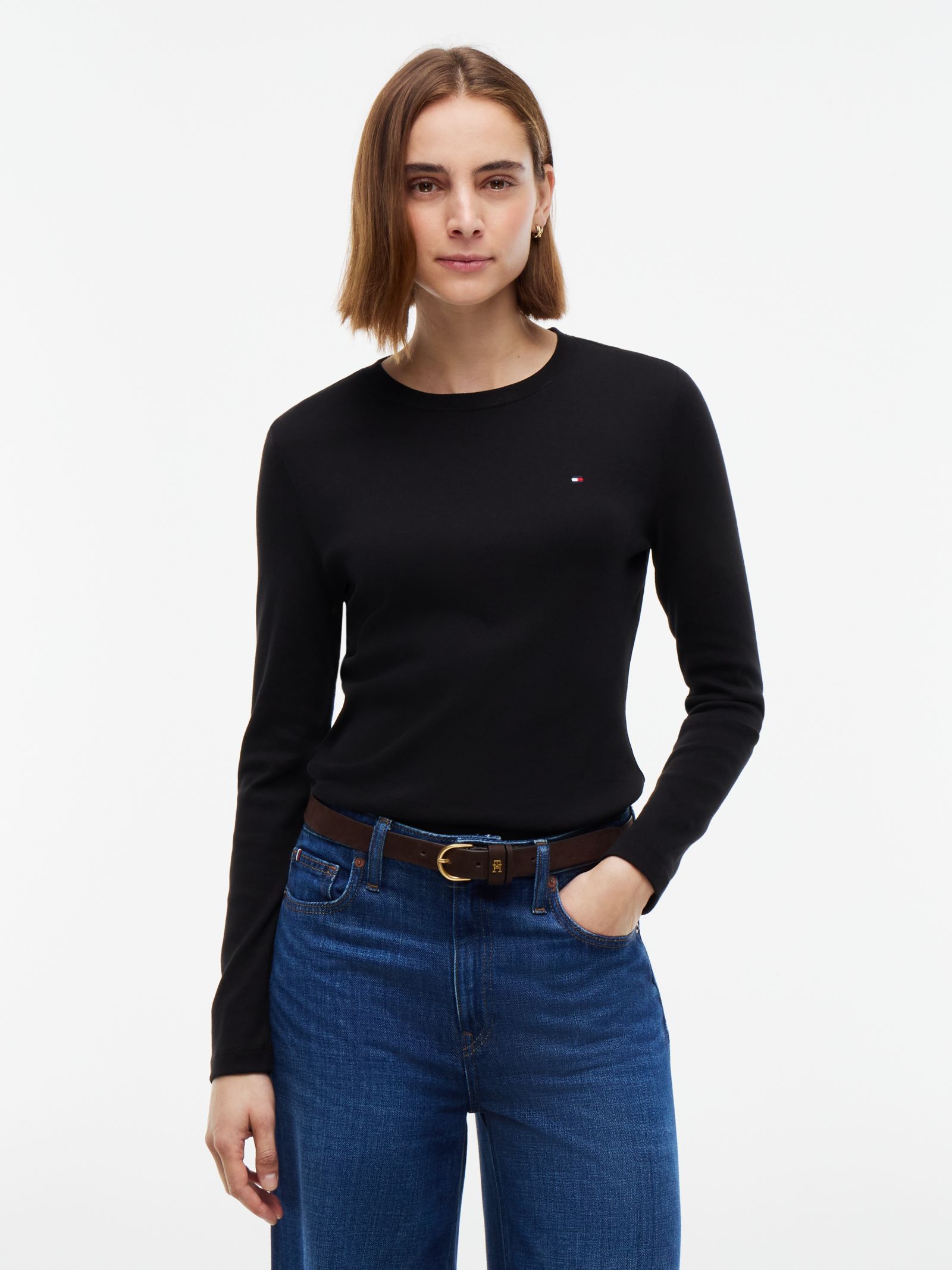 Tommy Hilfiger Geribde longsleeve met geborduurde vlag in zwart