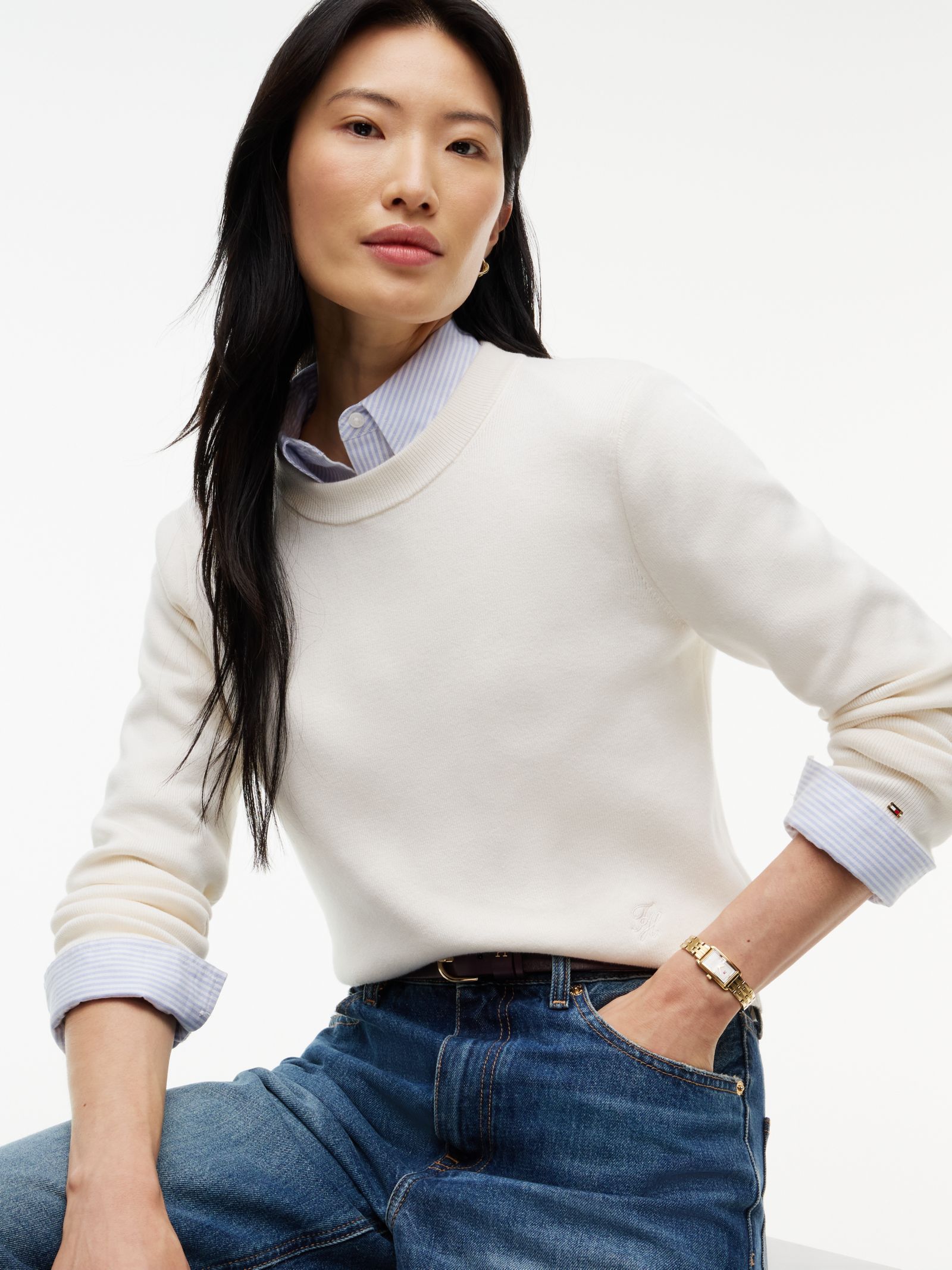 Tommy Hilfiger Premium gebreide trui met ronde hals in wit