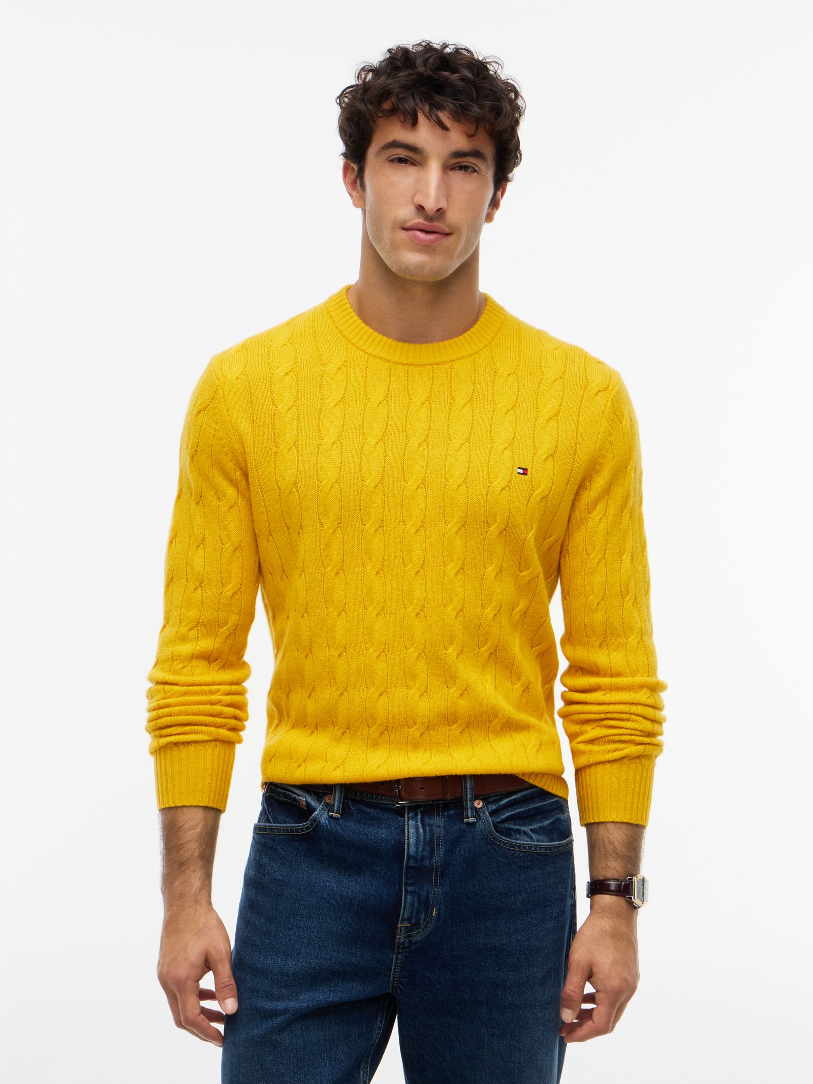 Tommy Hilfiger Kabelgebreide trui van zuivere lamswol in geel