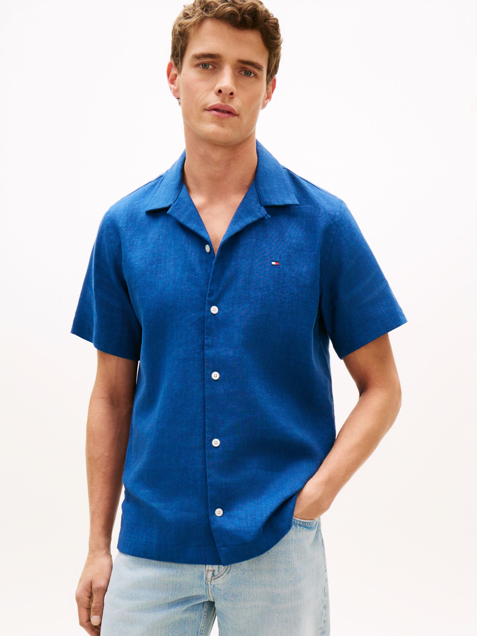 Tommy Hilfiger Regular linnenmix overhemd met korte mouwen in blauw