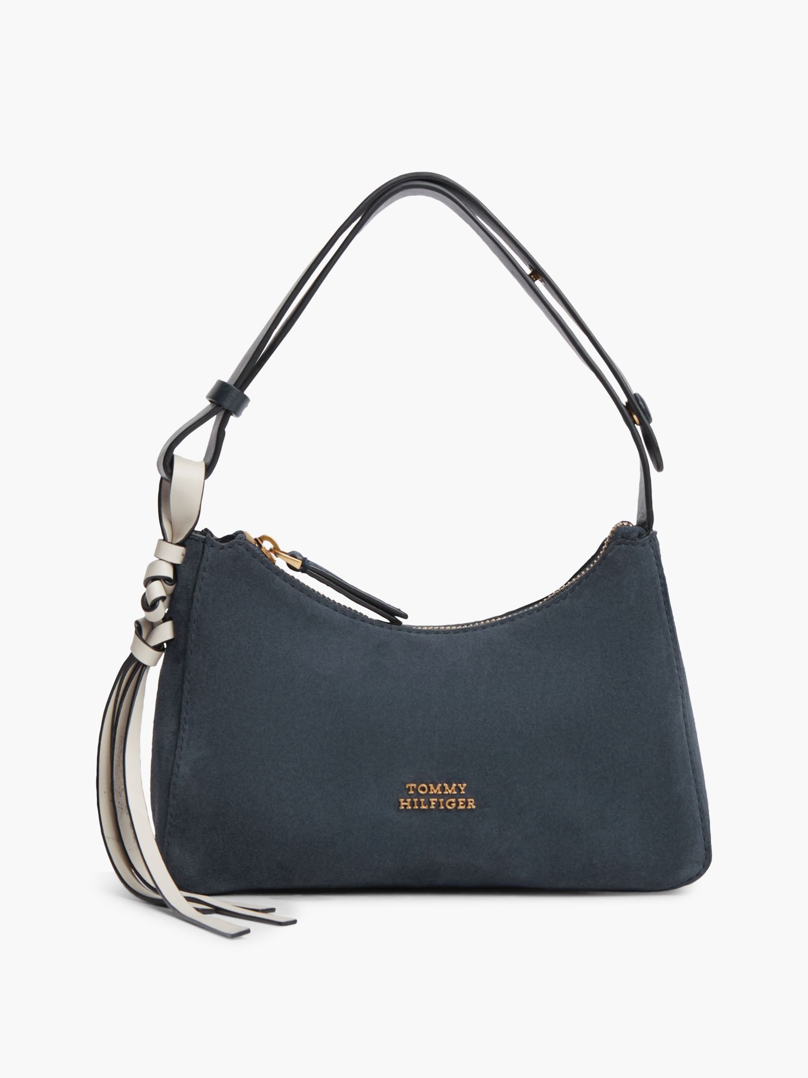 Tommy Hilfiger suède schoudertas met metalen logo in marine