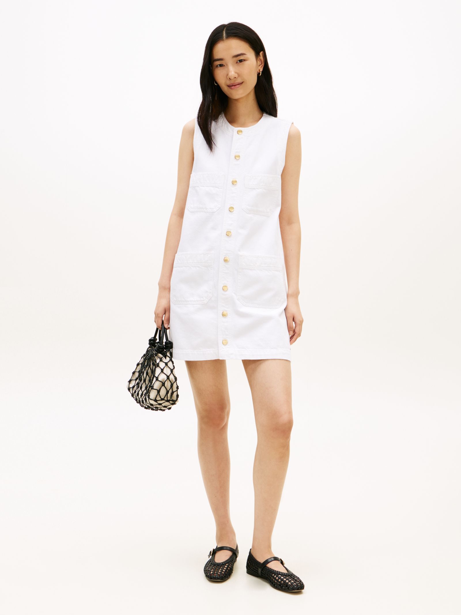 Tommy Hilfiger Denim Mini Shiftjurk met goudkleurige knopen in wit