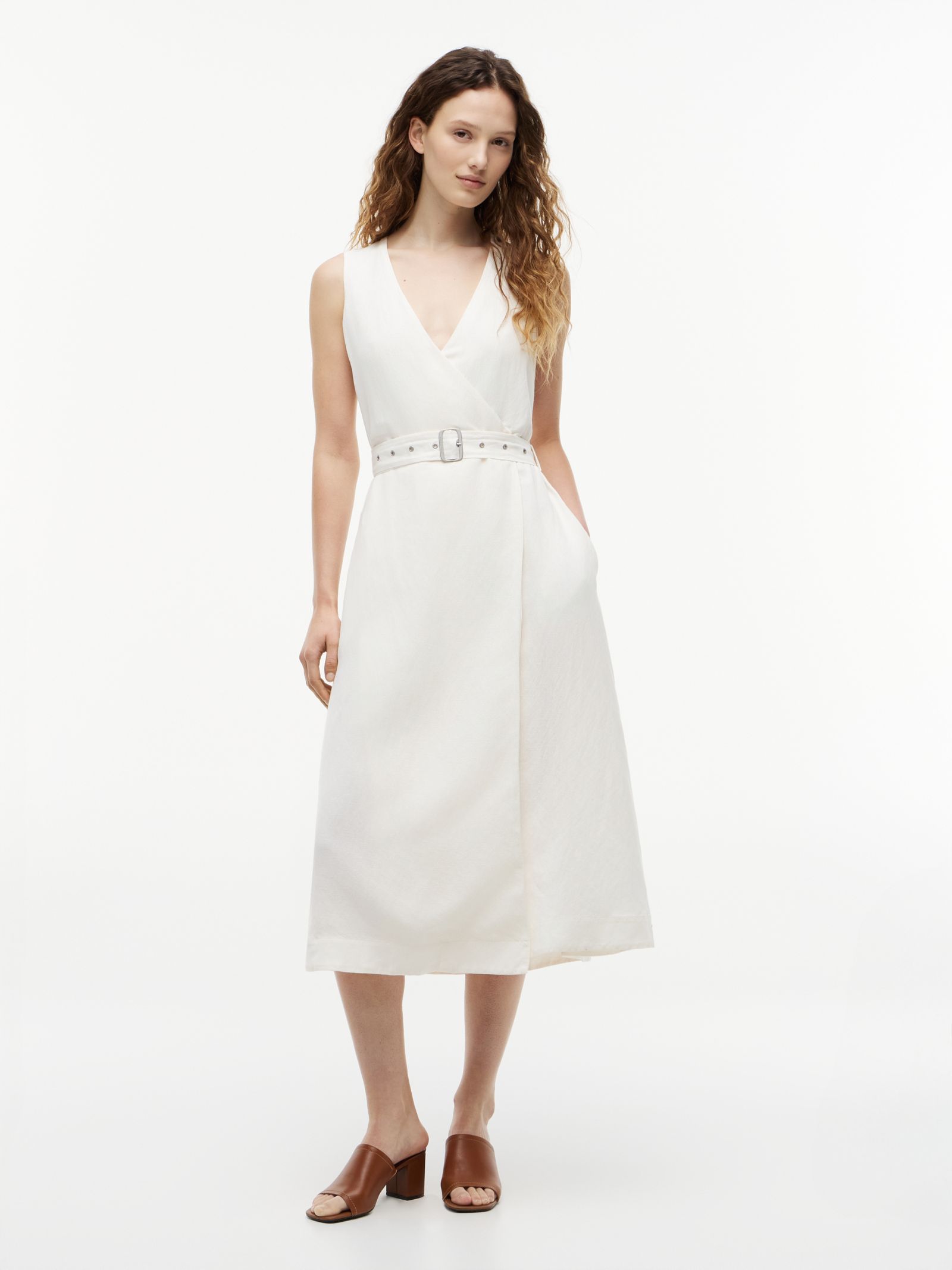 Tommy Hilfiger Linnenmix midi wikkeljurk met riem in wit