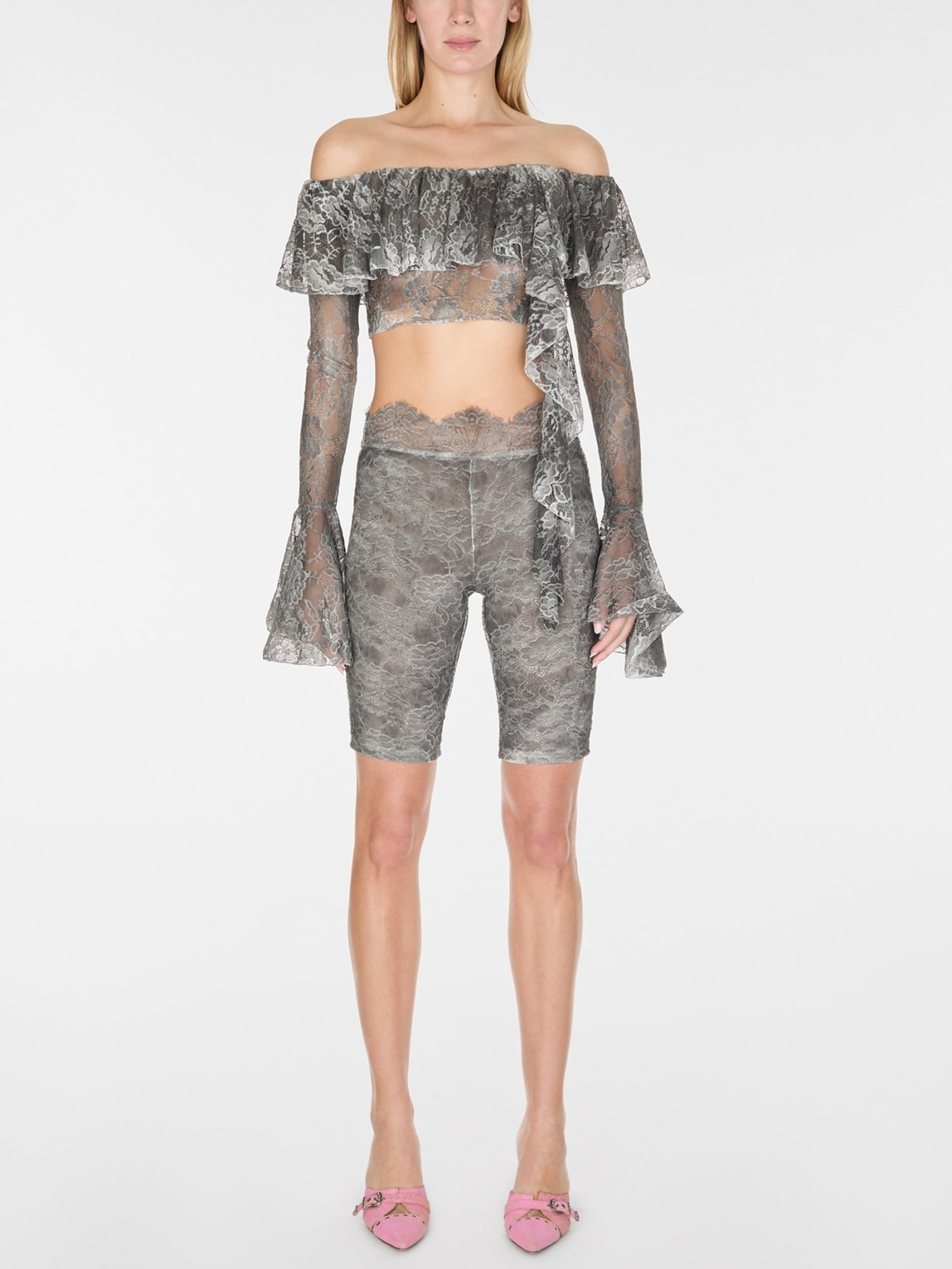 Guess Offshoulder Kanten Blouse in grijs
