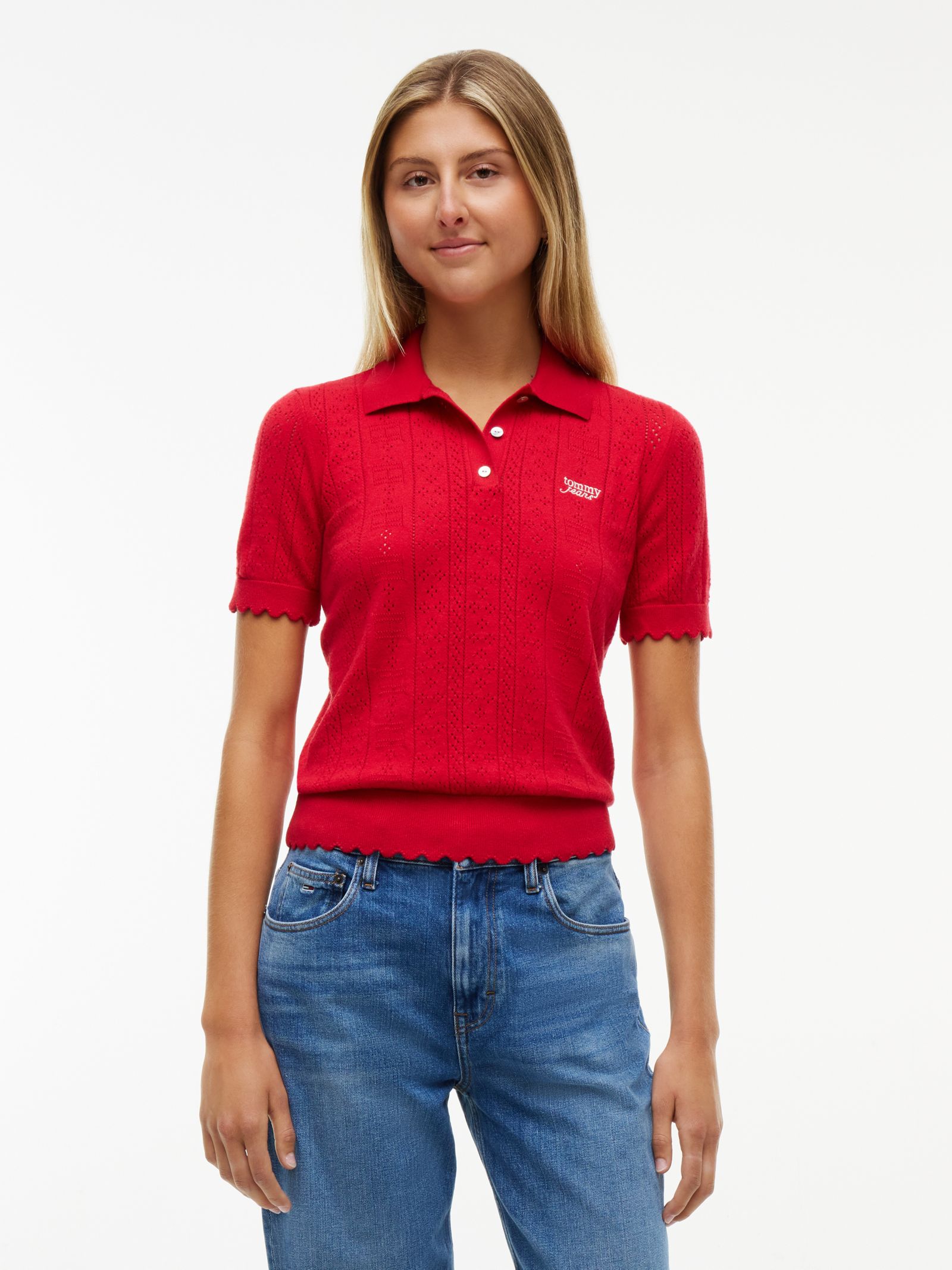 Tommy Jeans Polotrui met pointelle korte mouwen en vlag in rood