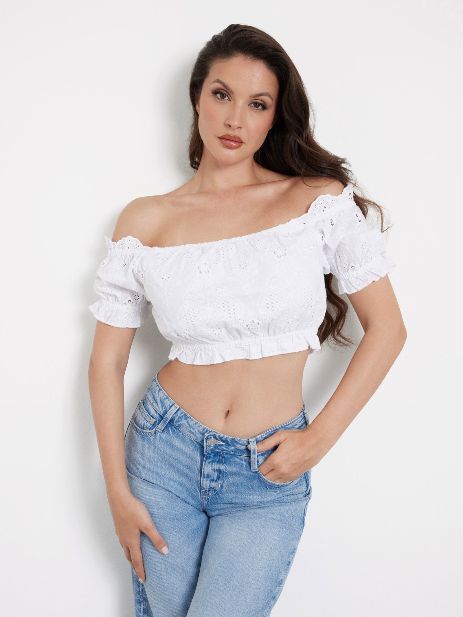 Guess Off-Shoulder Blouse Met Borduursel