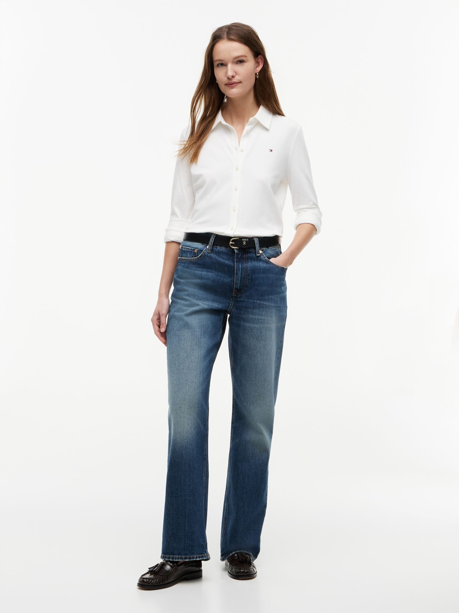 Tommy Hilfiger Medium rise loose straight jeans met goudkleurige knoop in blauw