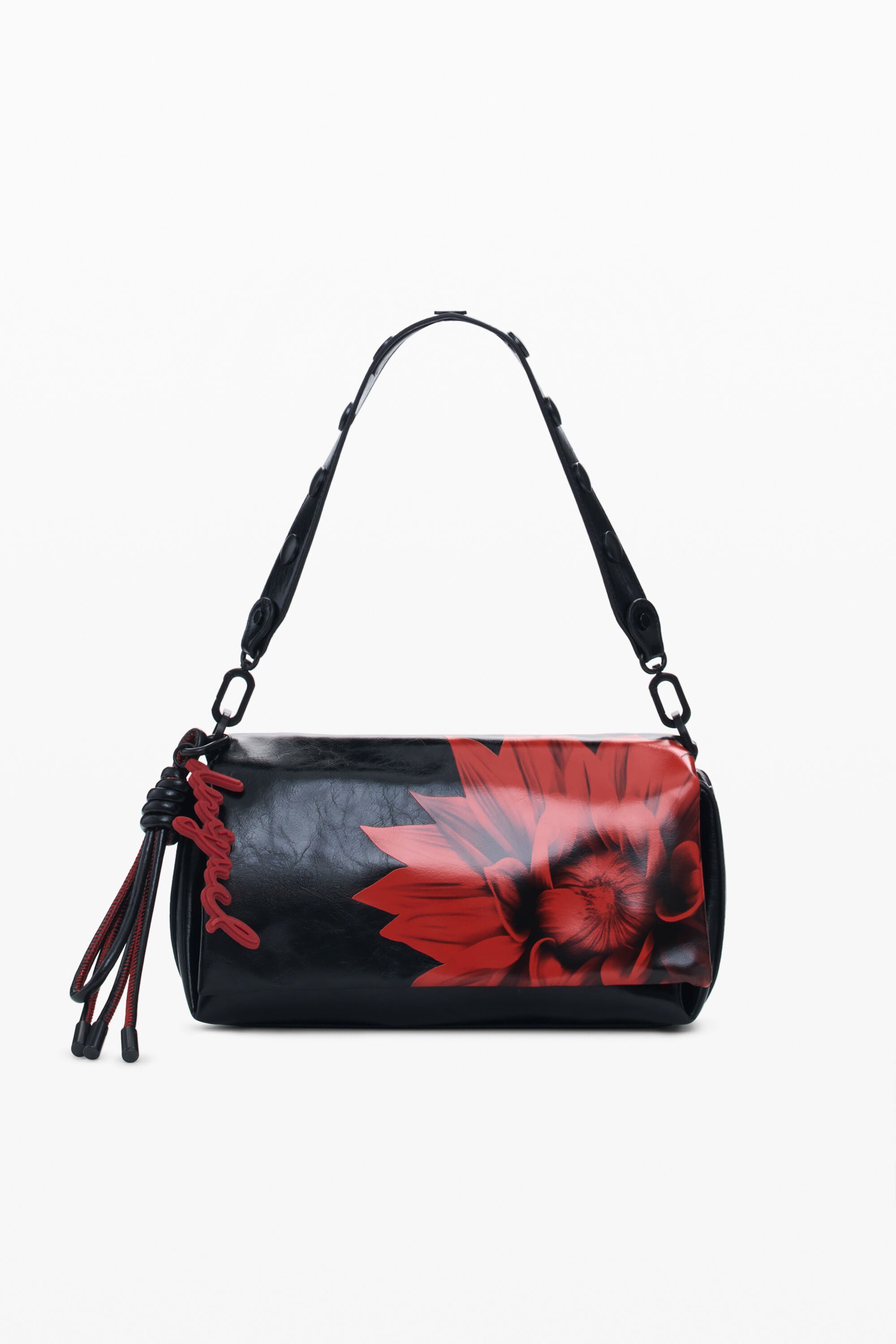 Desigual Middelgrote schoudertas met glanzende bloem in zwart