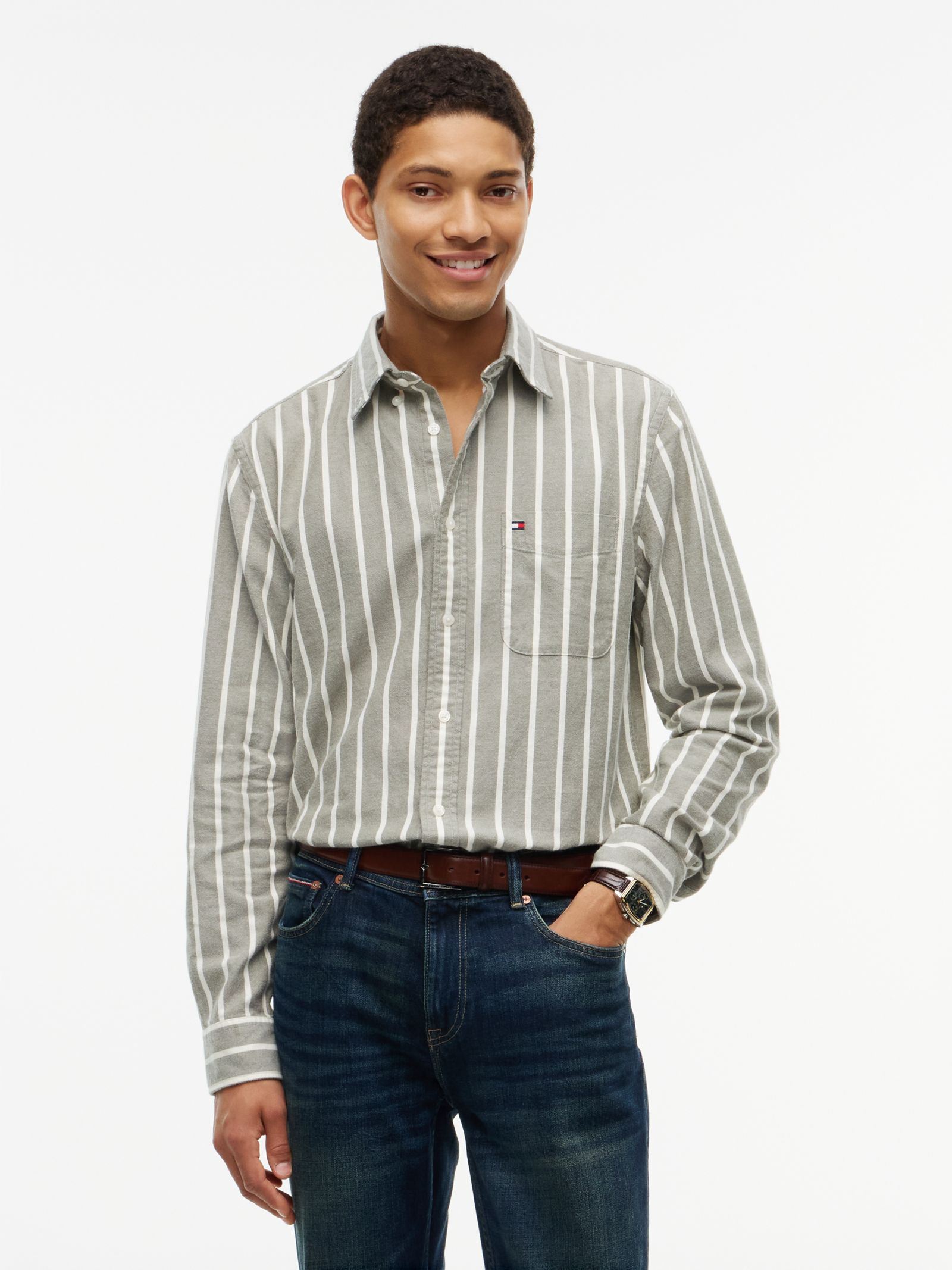 Tommy Hilfiger Gestreept regular fit overhemd van geborsteld flanel in groen