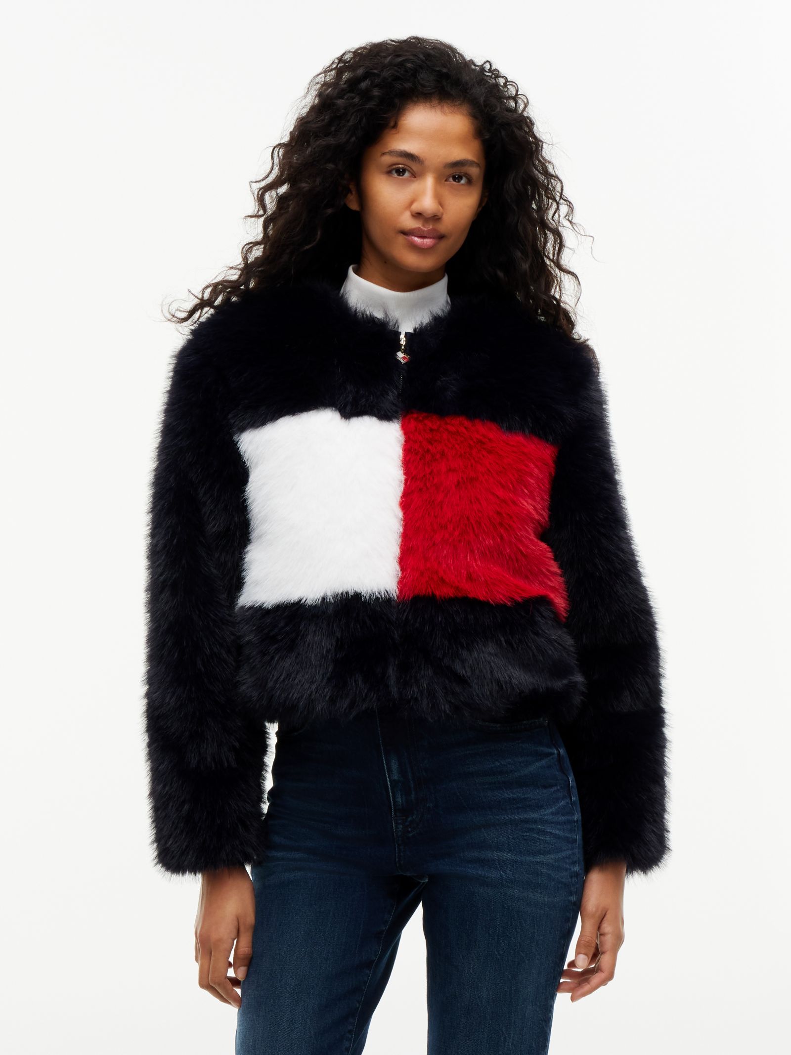 Tommy Jeans colour blocked jas van imitatiebont met Tommy vlag