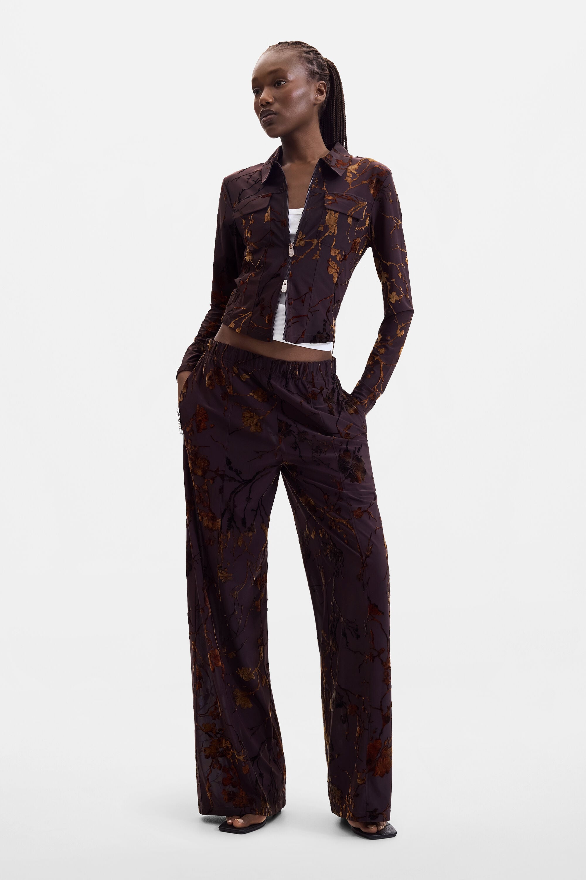 Desigual Lange flockprint broek in bruin