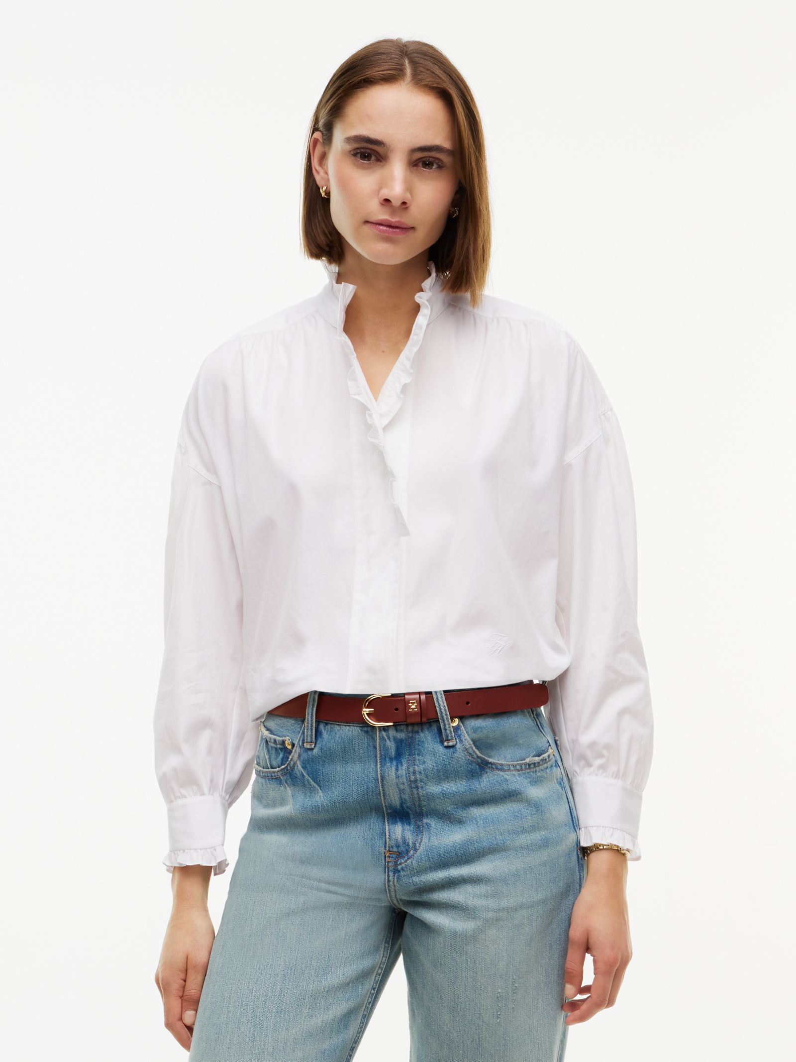 Tommy Hilfiger Oversized Fit Poplin Overhemd met Ruches en Kraag in wit