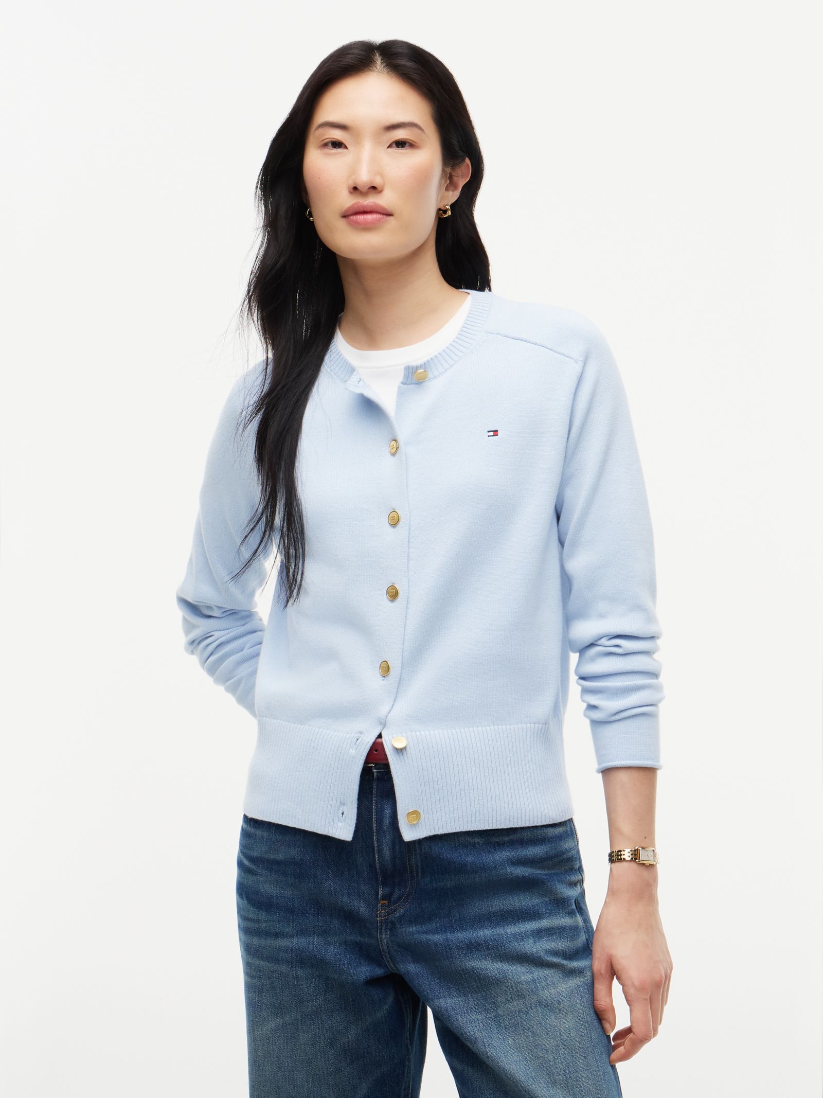Tommy Hilfiger Slim fit jersey vest met goudkleurige knopen in blauw