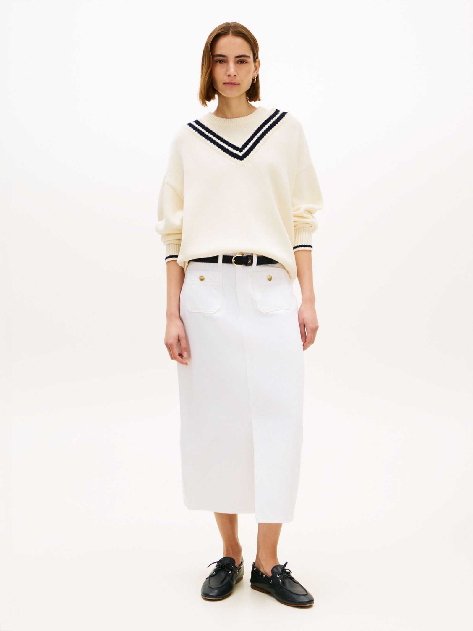Tommy Hilfiger witte denim midi rok met goudkleurige knopen