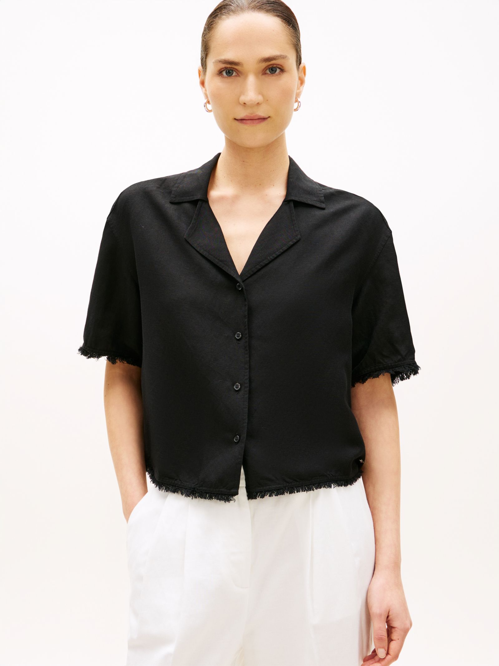 Tommy Hilfiger relaxed fit linnenmix overhemd met rafels in zwart
