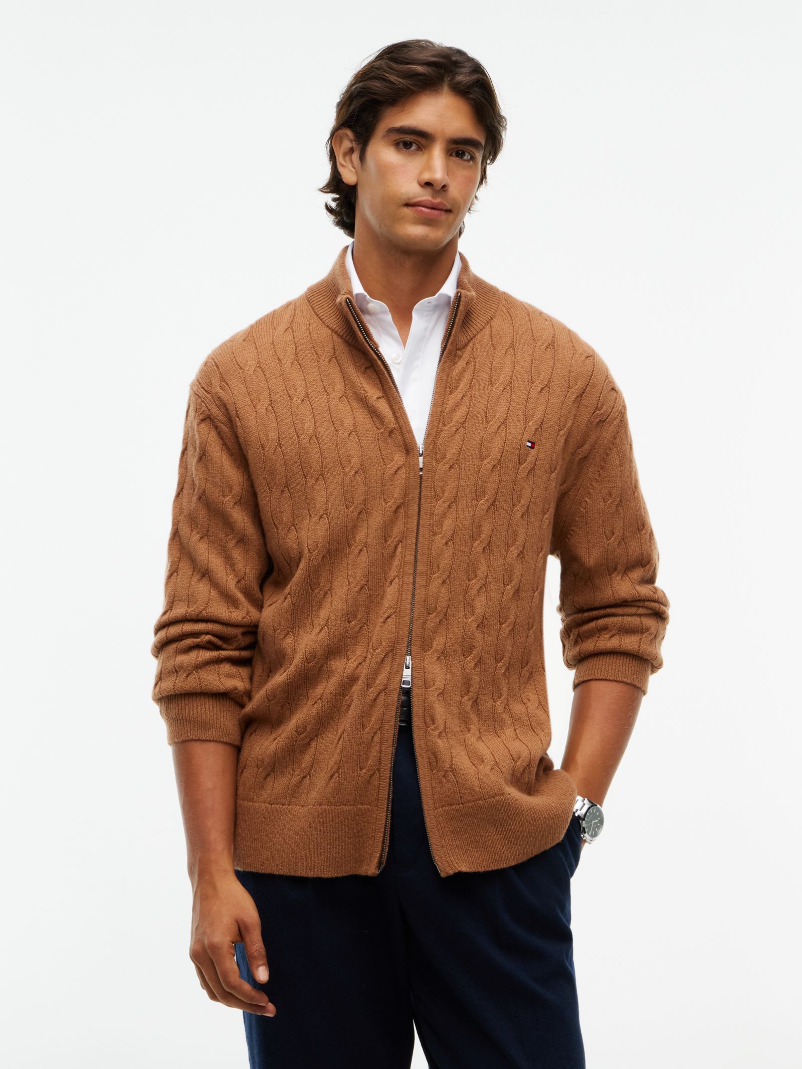 Tommy Hilfiger Lamswollen kabeltrui met rits in bruin