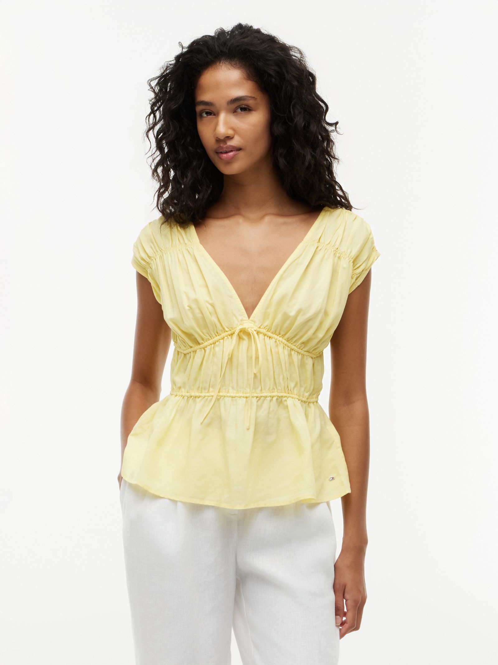 Tommy Hilfiger Regular fit mouwloze gesmokte blouse met linnen in geel
