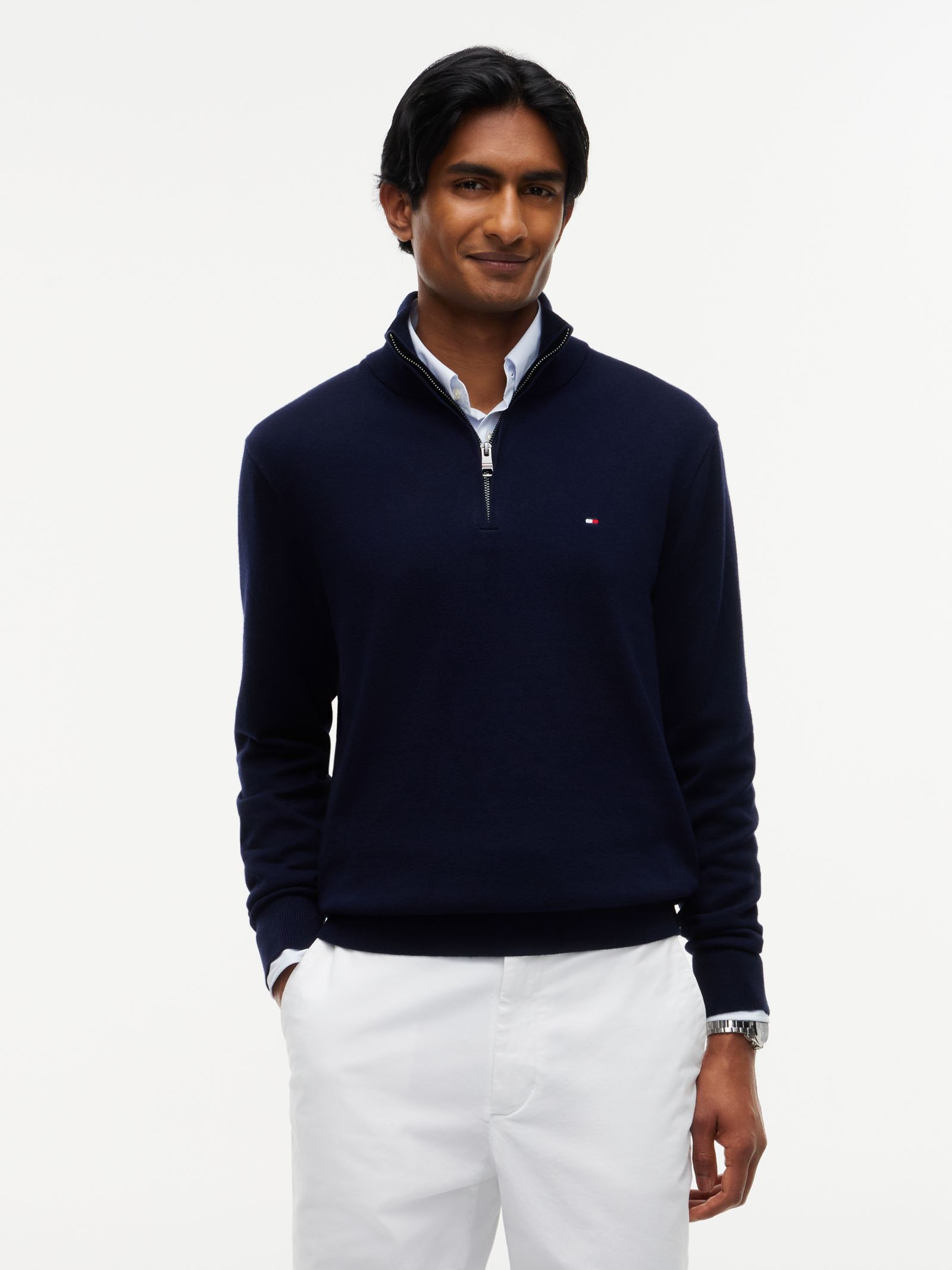 Tommy Hilfiger Trui met opstaande hals quarter zip en kasjmier in marine