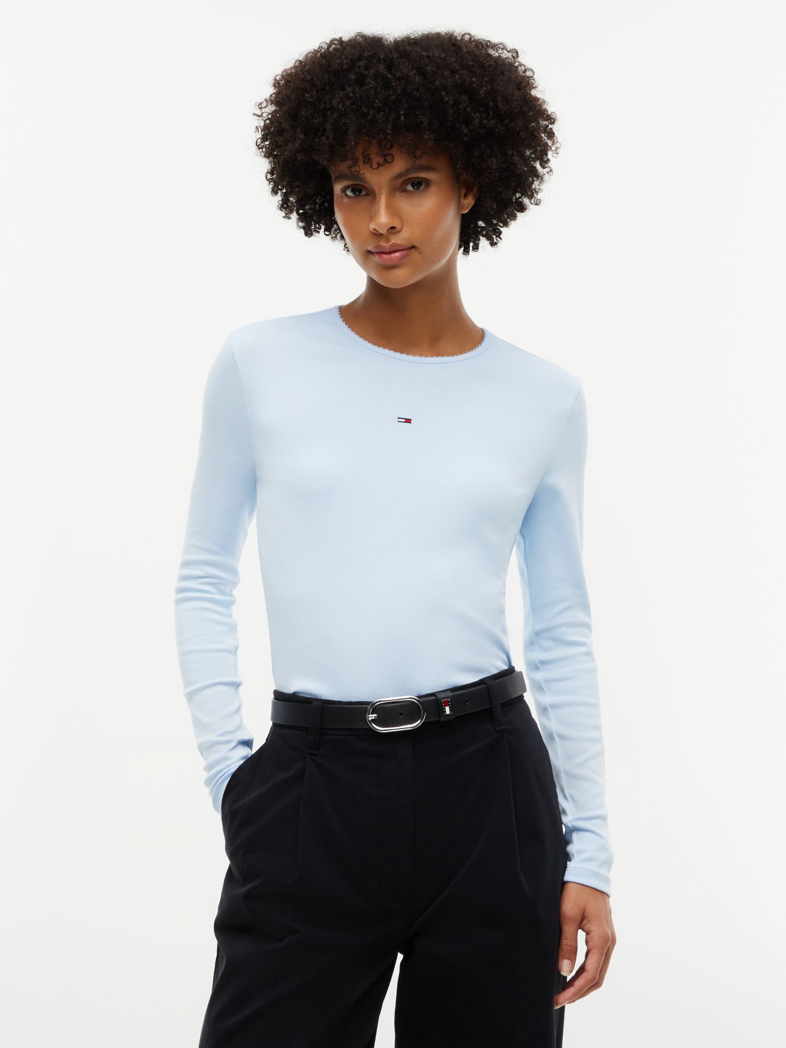 Tommy Jeans Slim Fit Longsleeve T-shirt met Picot Rand in blauw