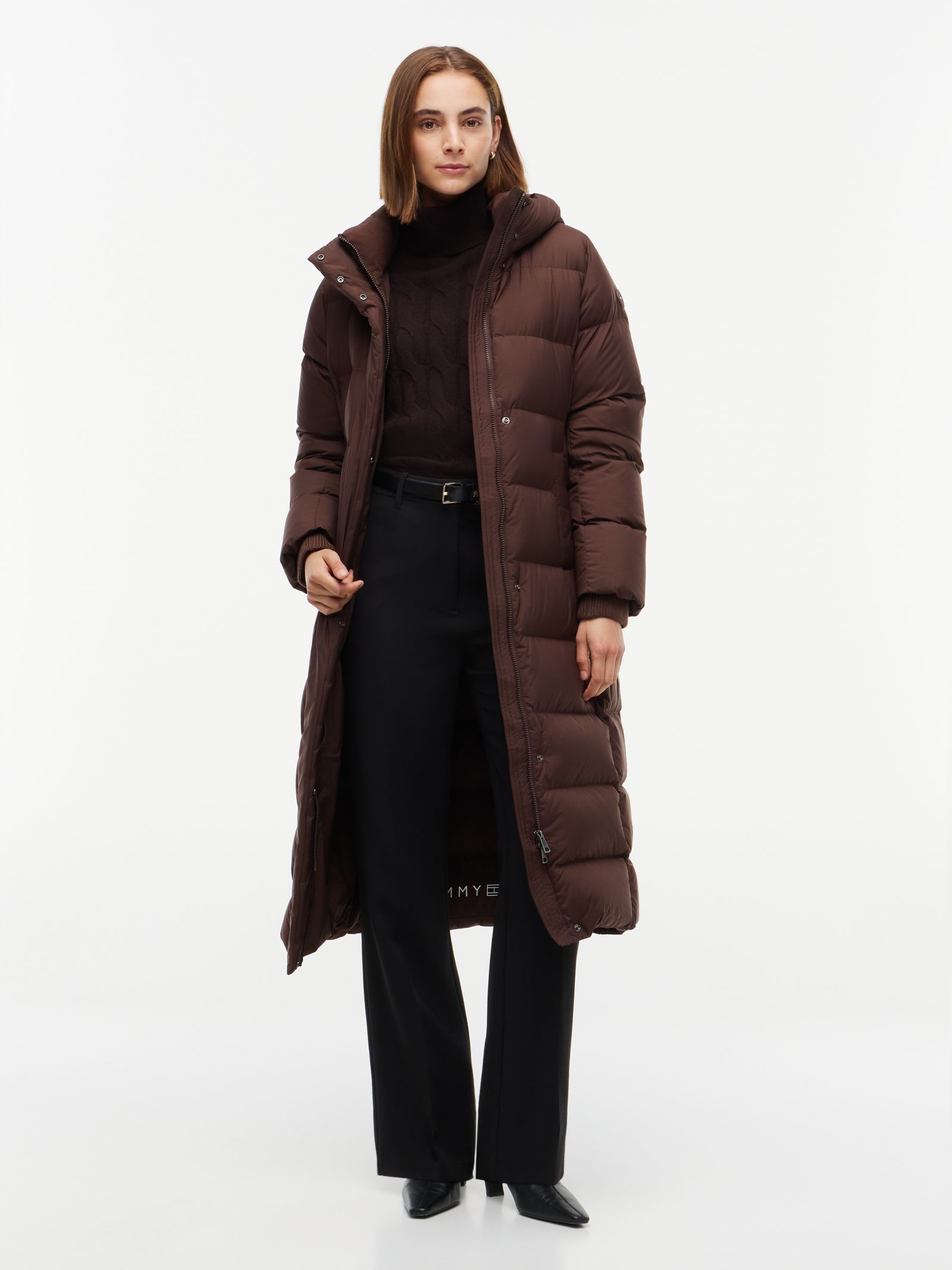 Tommy Hilfiger Waterafstotende lange donsjas met capuchon in bruin