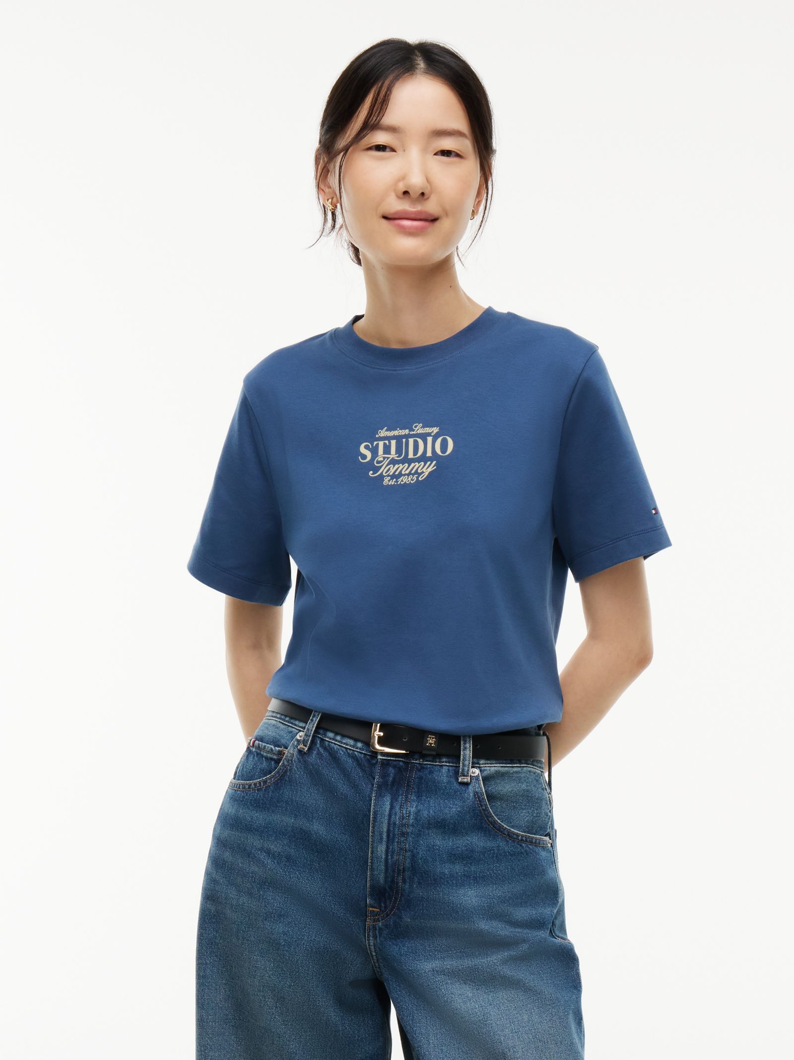 Tommy Hilfiger Interlock gebreid T-shirt met logo en ronde hals in blauw