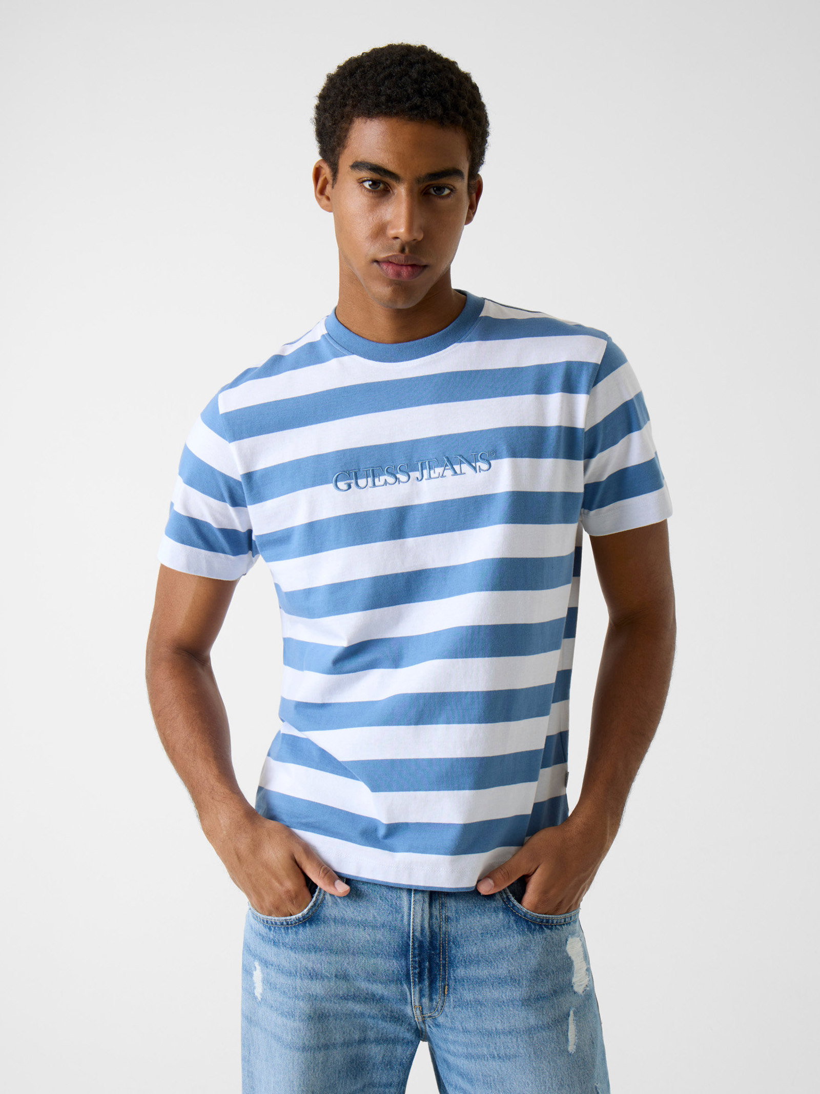 Guess Gestreept T-Shirt Met Logo for men in blauw