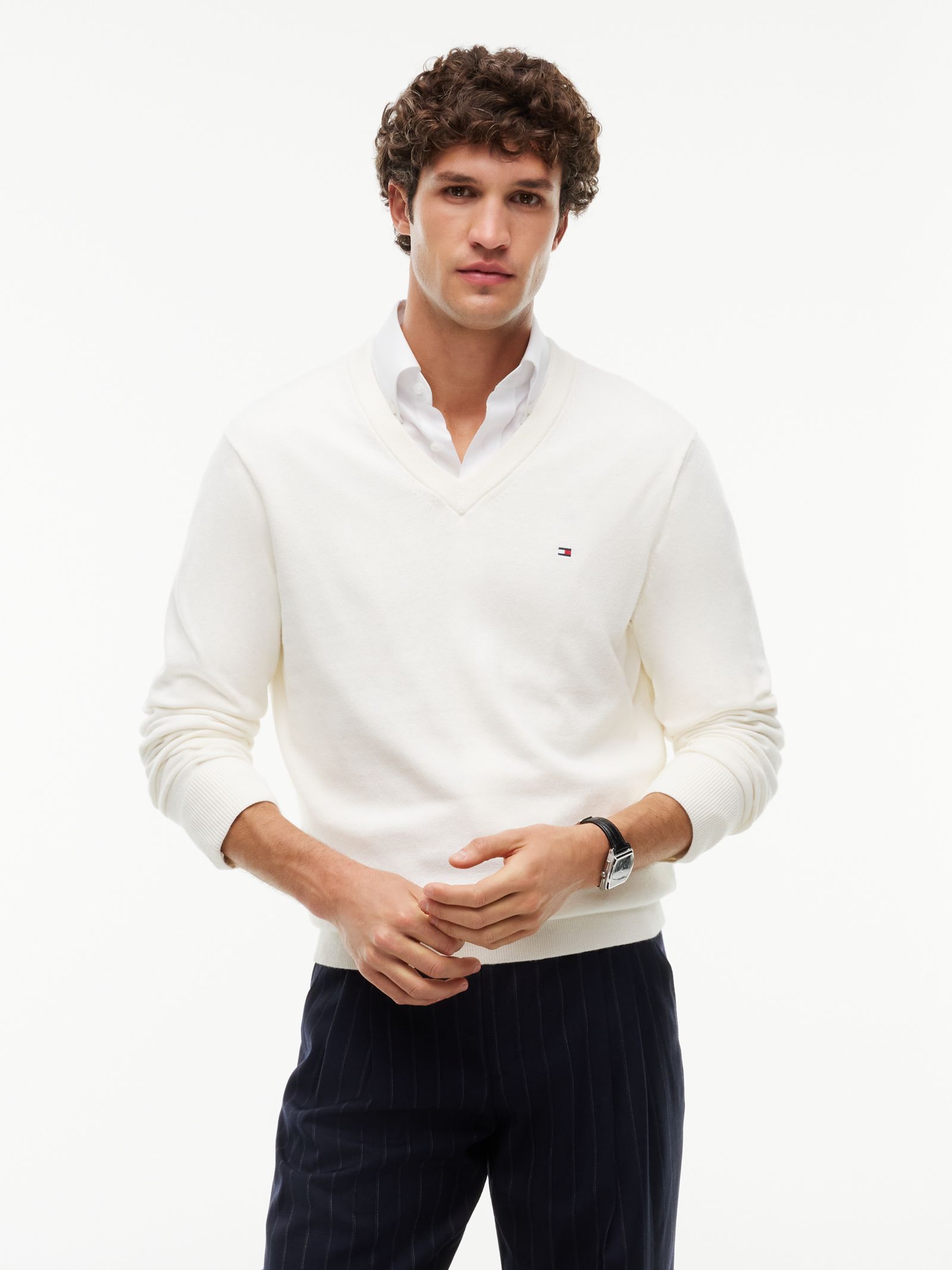 Tommy Hilfiger Trui met V Hals en kasjmier in wit