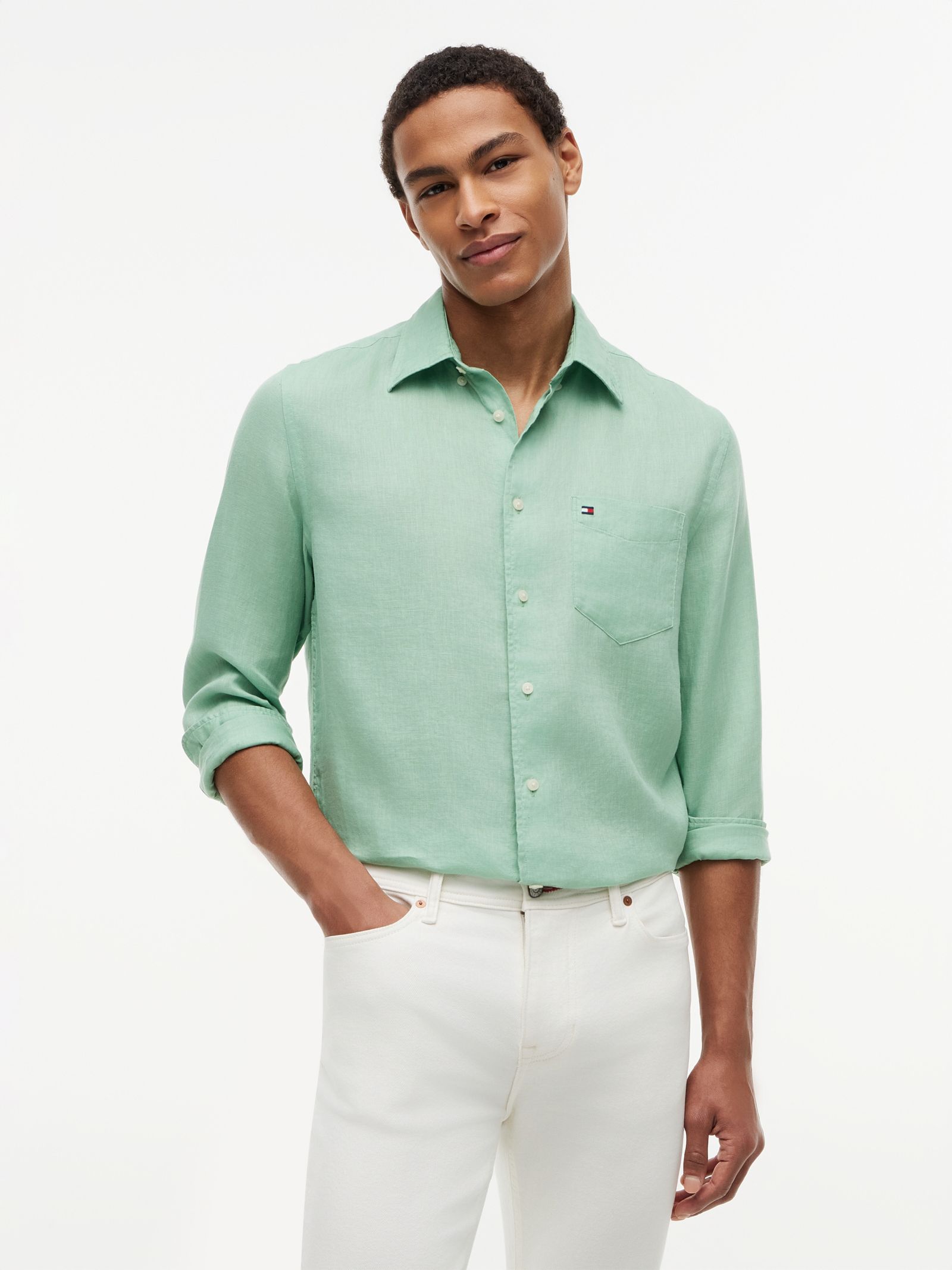 Tommy Hilfiger Regular fit overhemd van puur linnen met wassing in groen